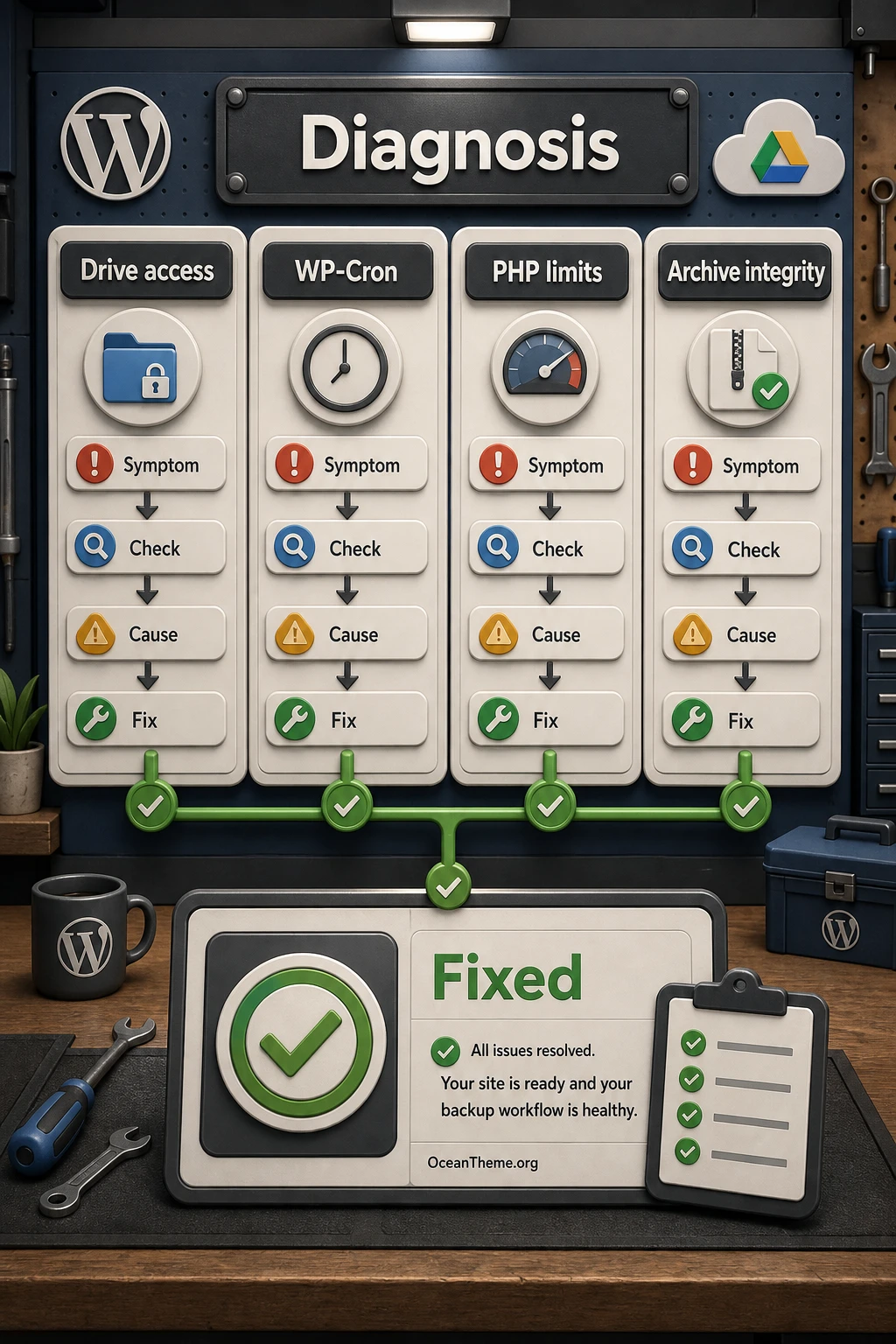 Troubleshooting map for Google Drive Extension errors in WordPress