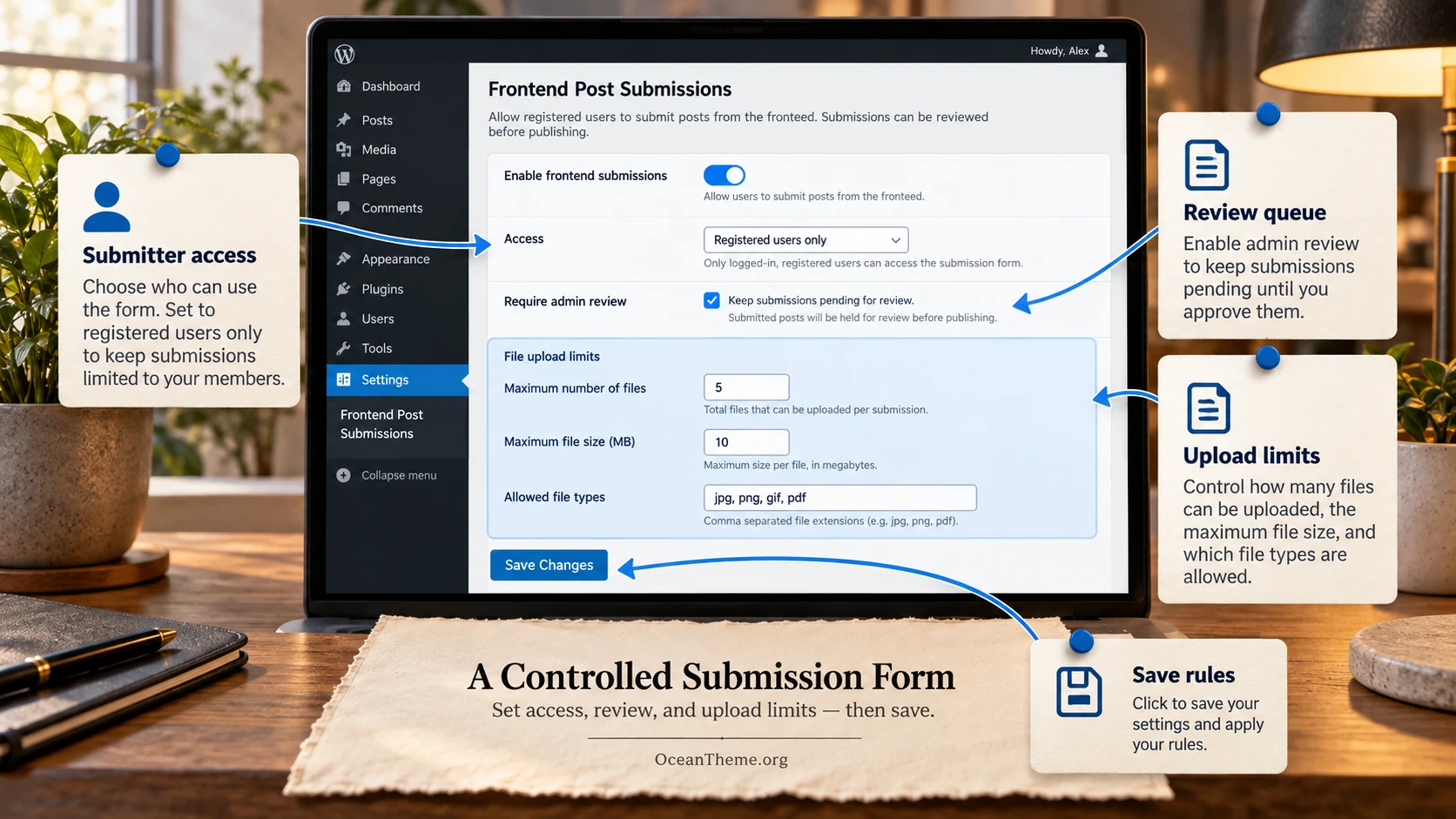Prometheus User Submitted Content form configuration in WordPress with shortcode and field restrictions