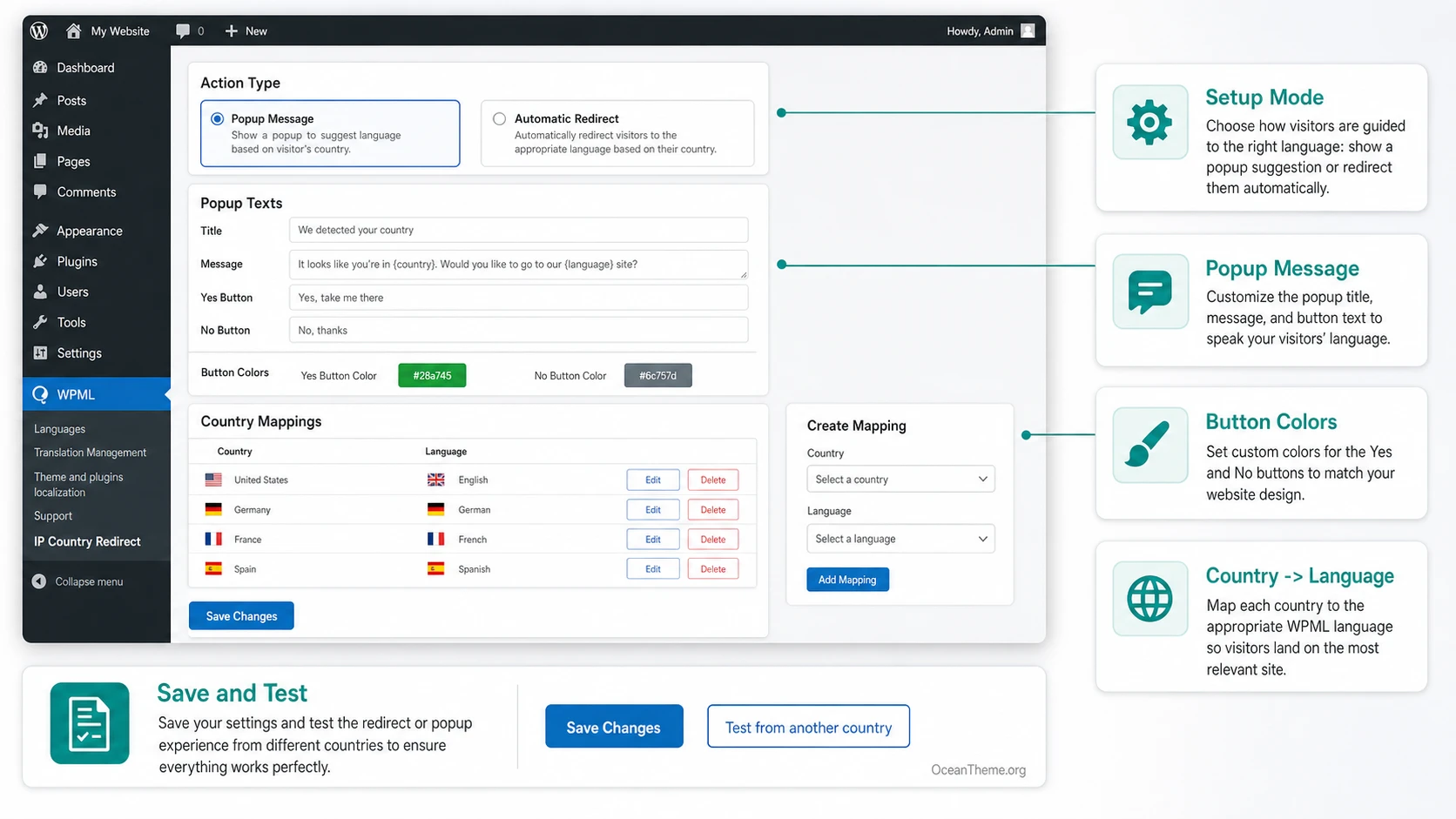 Action type, popup texts, and country mappings settings in CodeCanyon WPML Redirect Based on IP Country