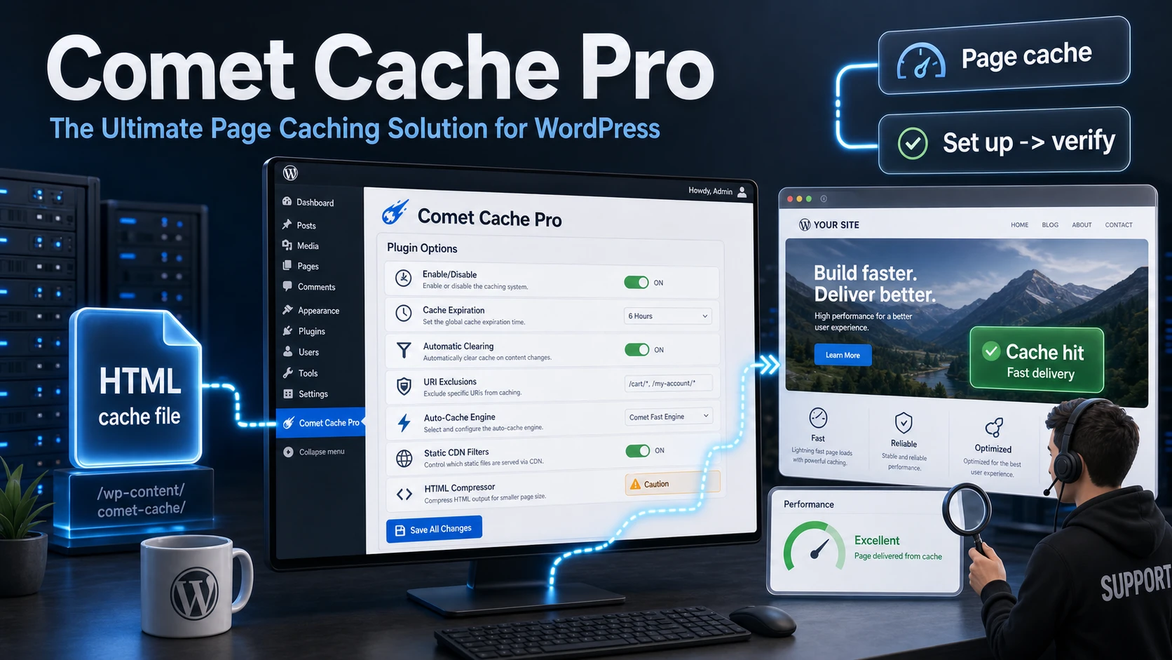 Cover image for a Comet Cache Pro guide on speeding up WordPress with page caching