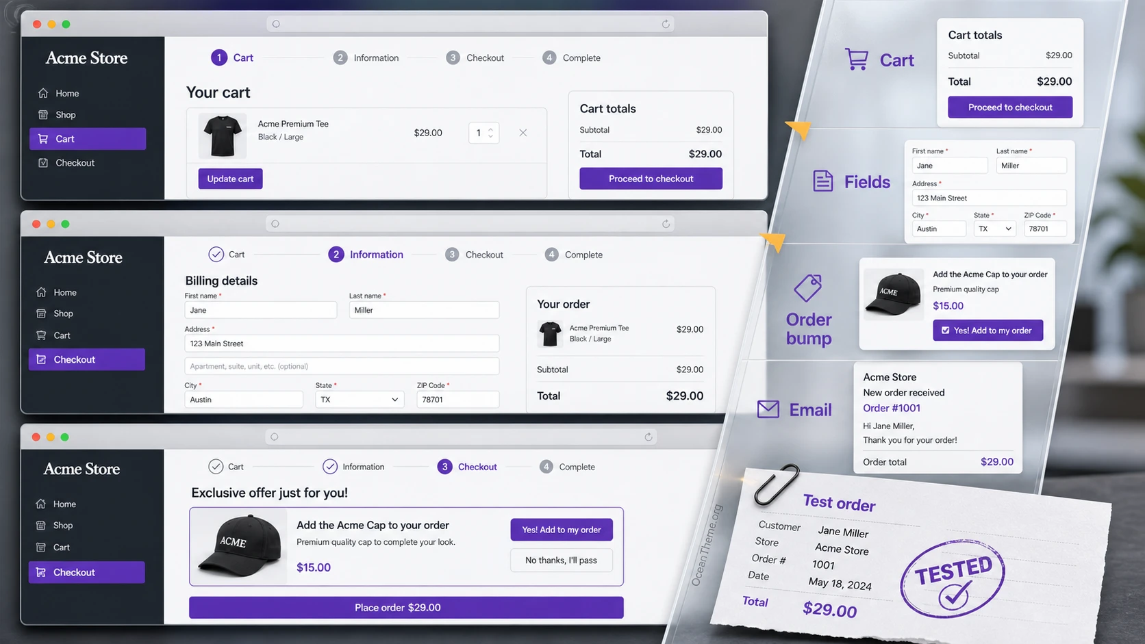 Checkout flow in Divi BodyCommerce with cart, order bump, and order verification