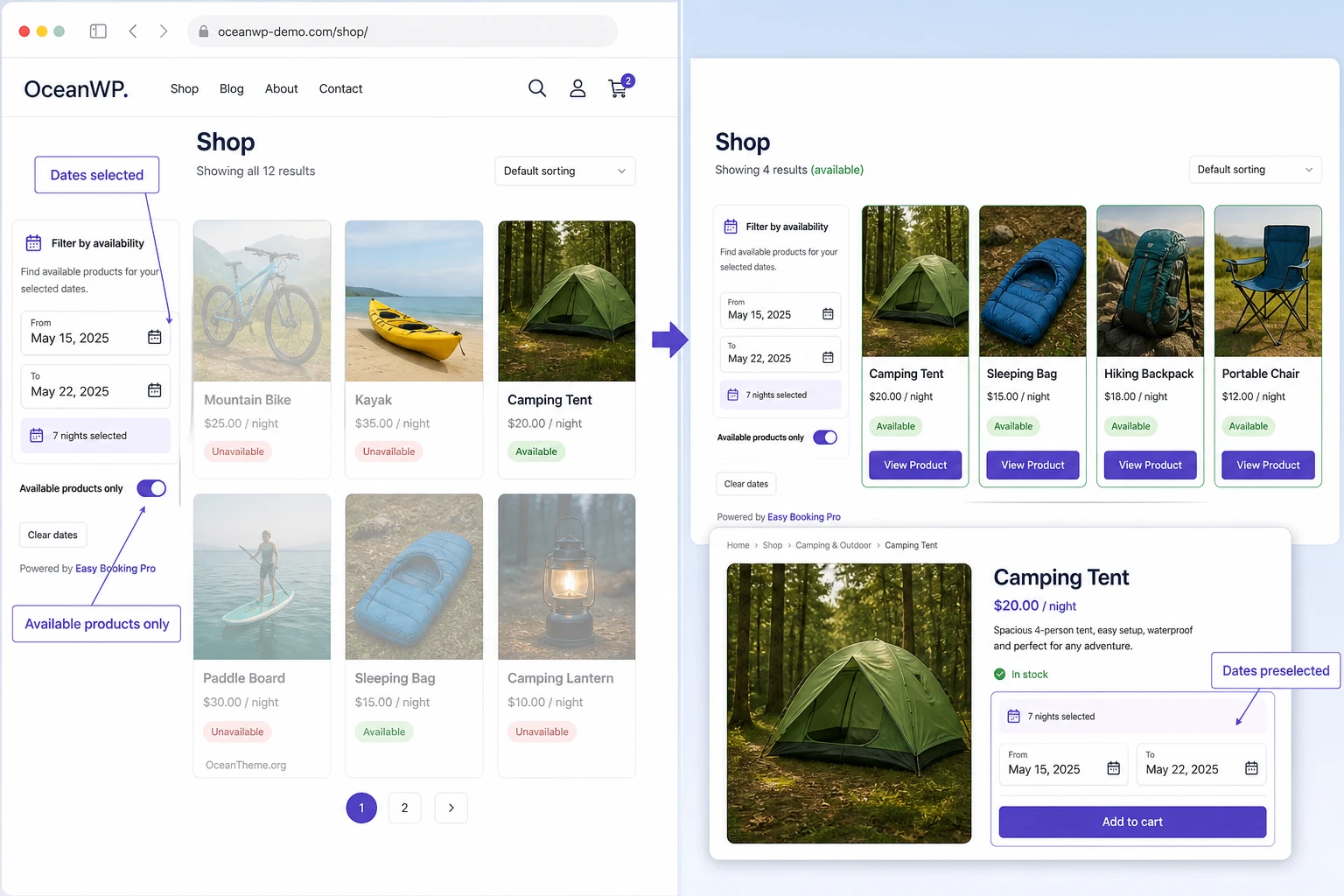 Example of the Easy Booking Pro date filter on a WooCommerce shop page
