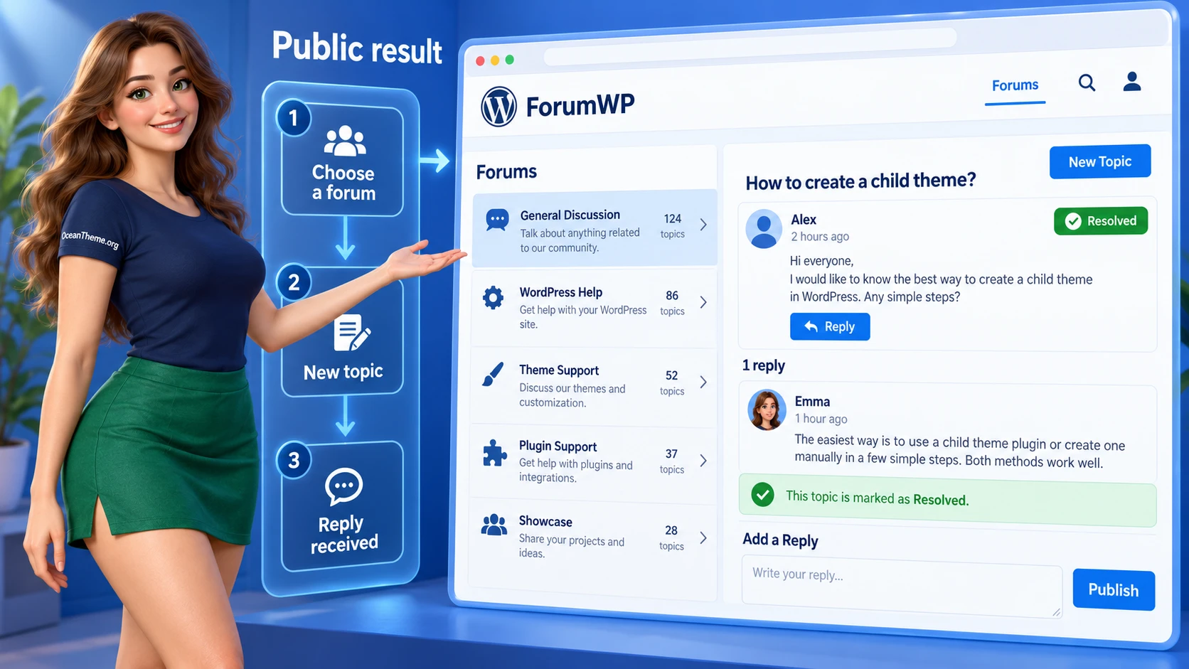 Example ForumWP page with a forum list, topic, and reply