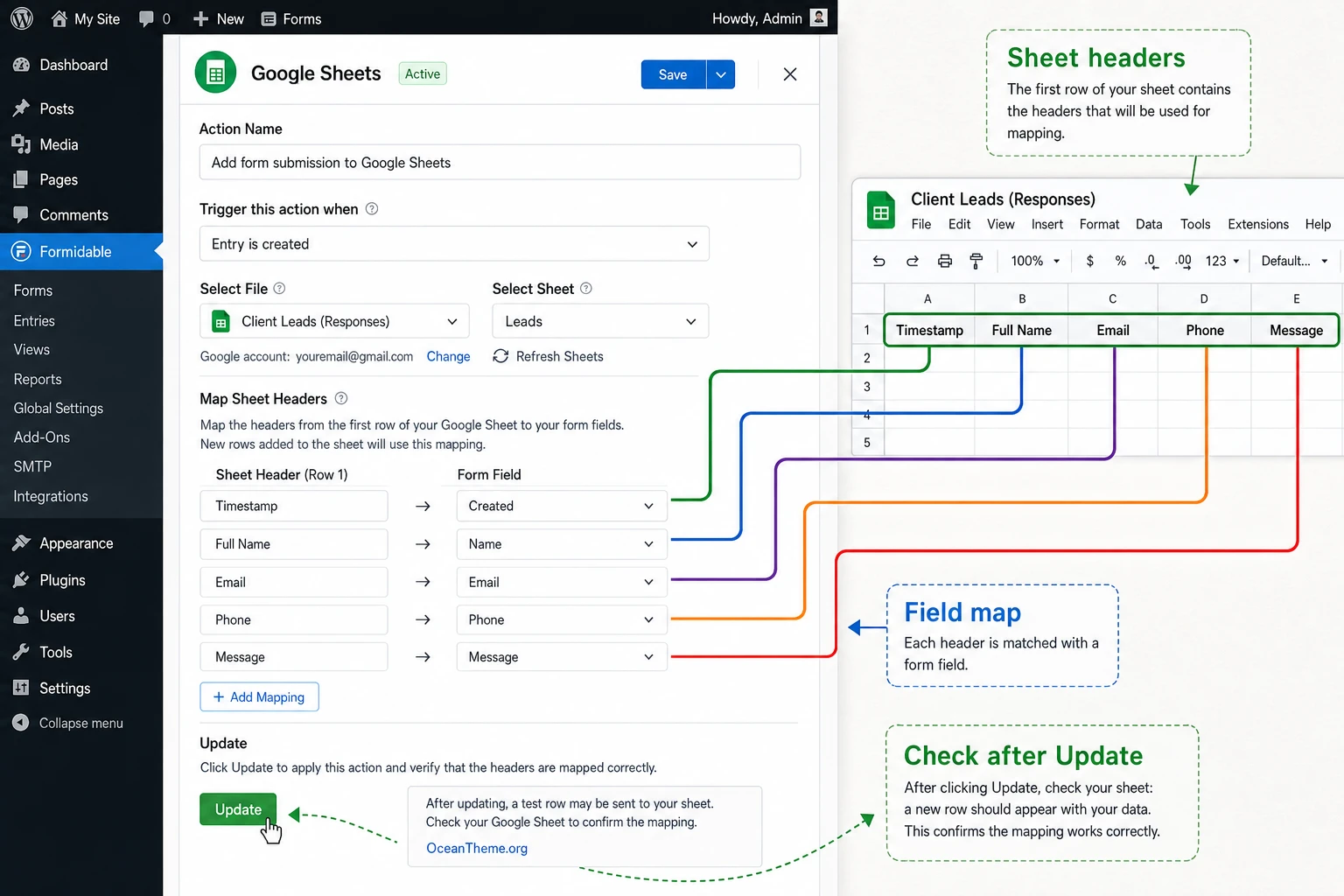 Mapping form fields to spreadsheet headers in Formidable Google Sheets