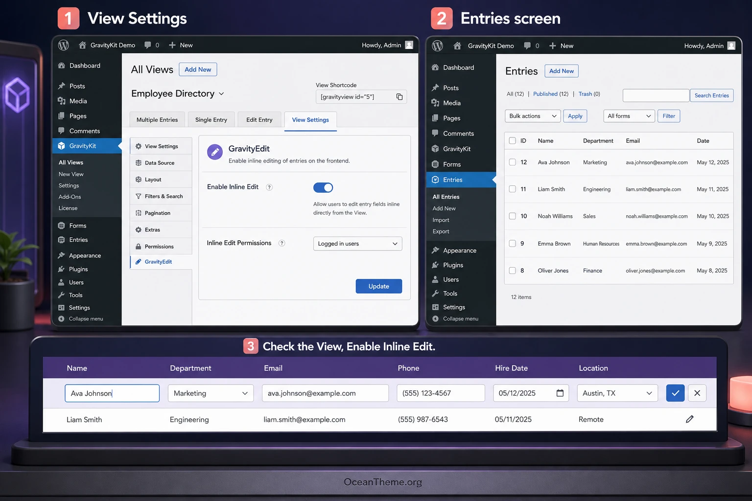 Setting up GravityKit GravityEdit in WordPress Entries and GravityView View Settings