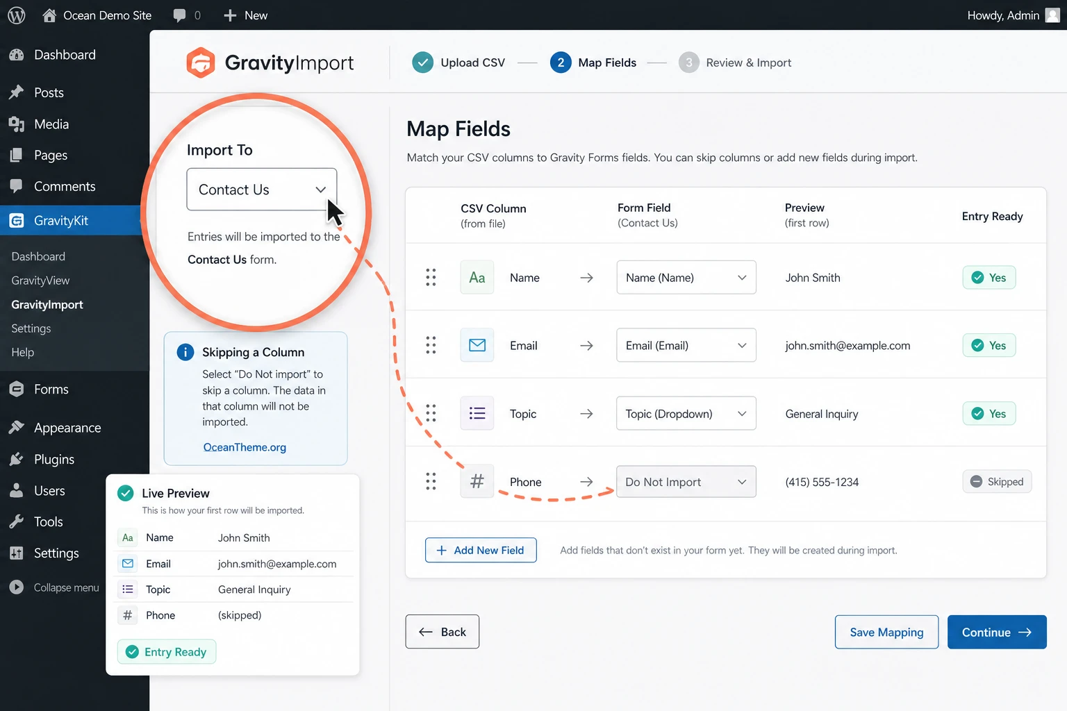 Diagram of mapping CSV columns to Gravity Forms fields in GravityImport