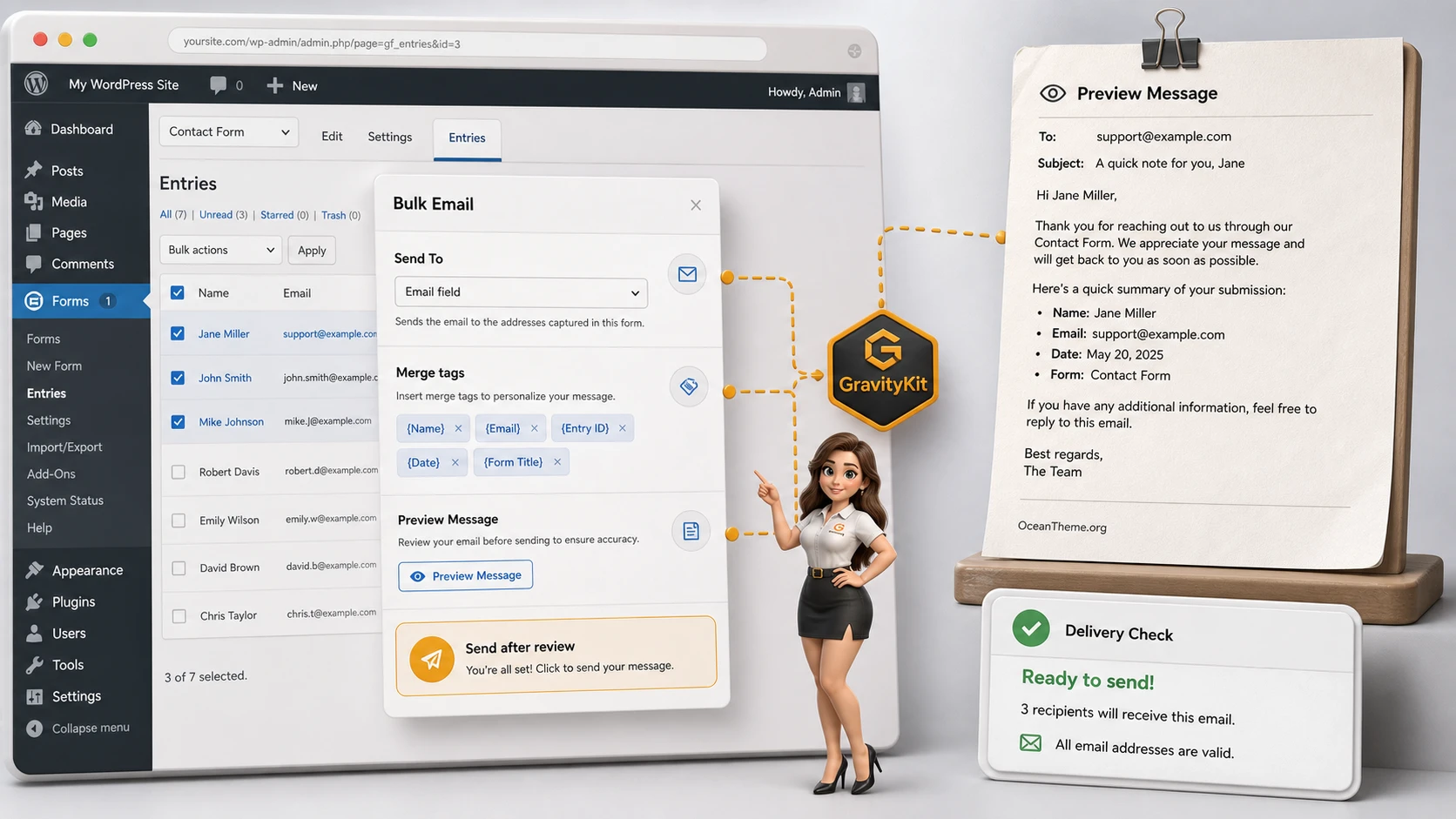 Bulk Email in GravityActions with recipient selection and message preview