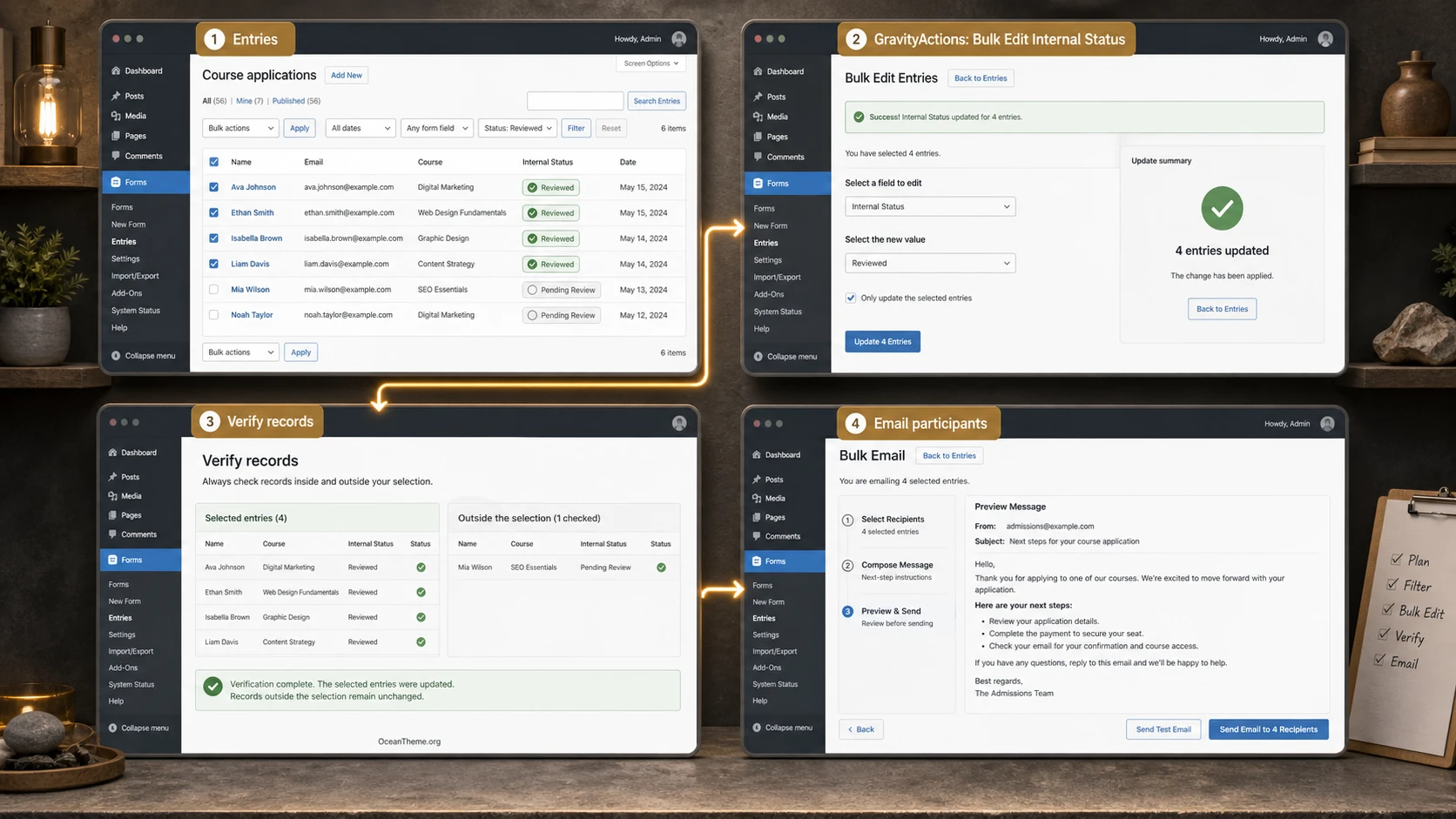 Practical GravityActions workflow from selecting applications to emailing participants