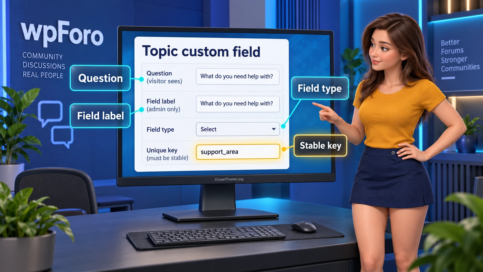 wpForo Topic Custom Fields setup map showing field types, descriptions, and a unique key