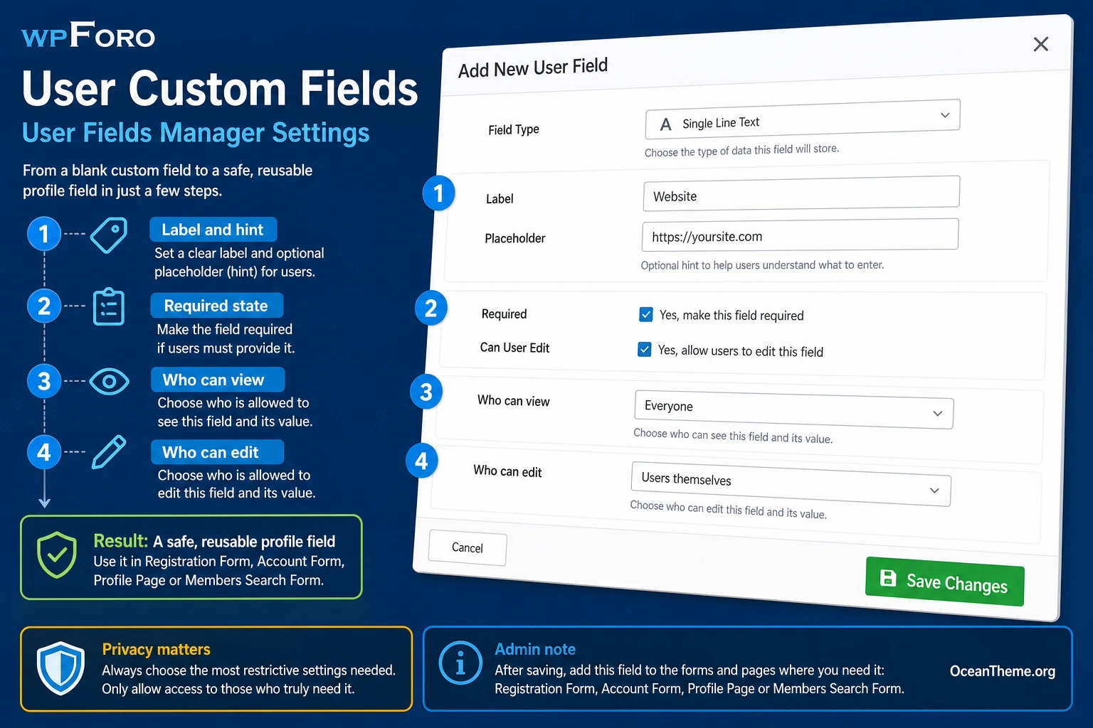 wpForo User Custom Fields manager with field types and view permissions