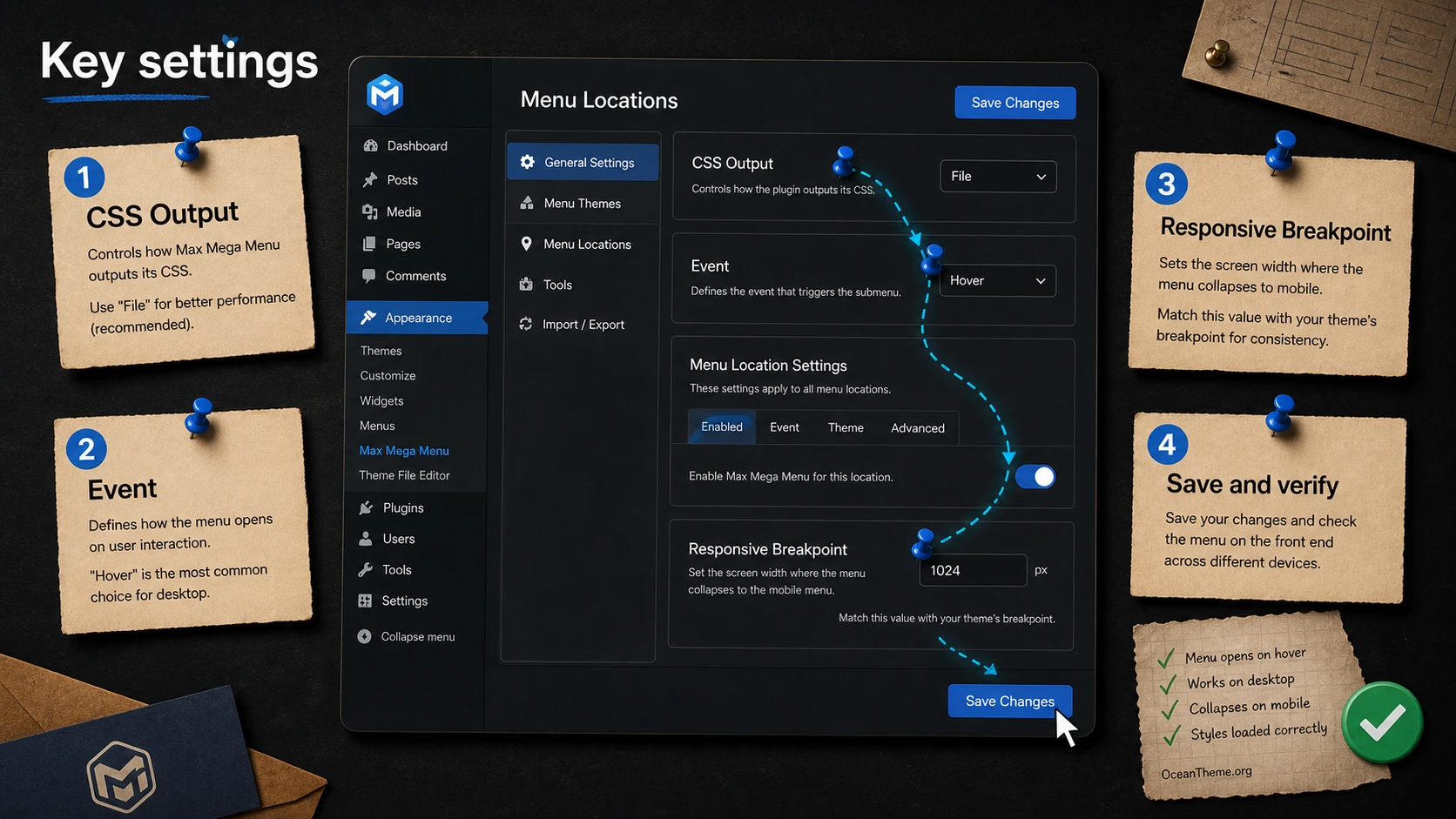 Map of the main Max Mega Menu Pro settings after installation