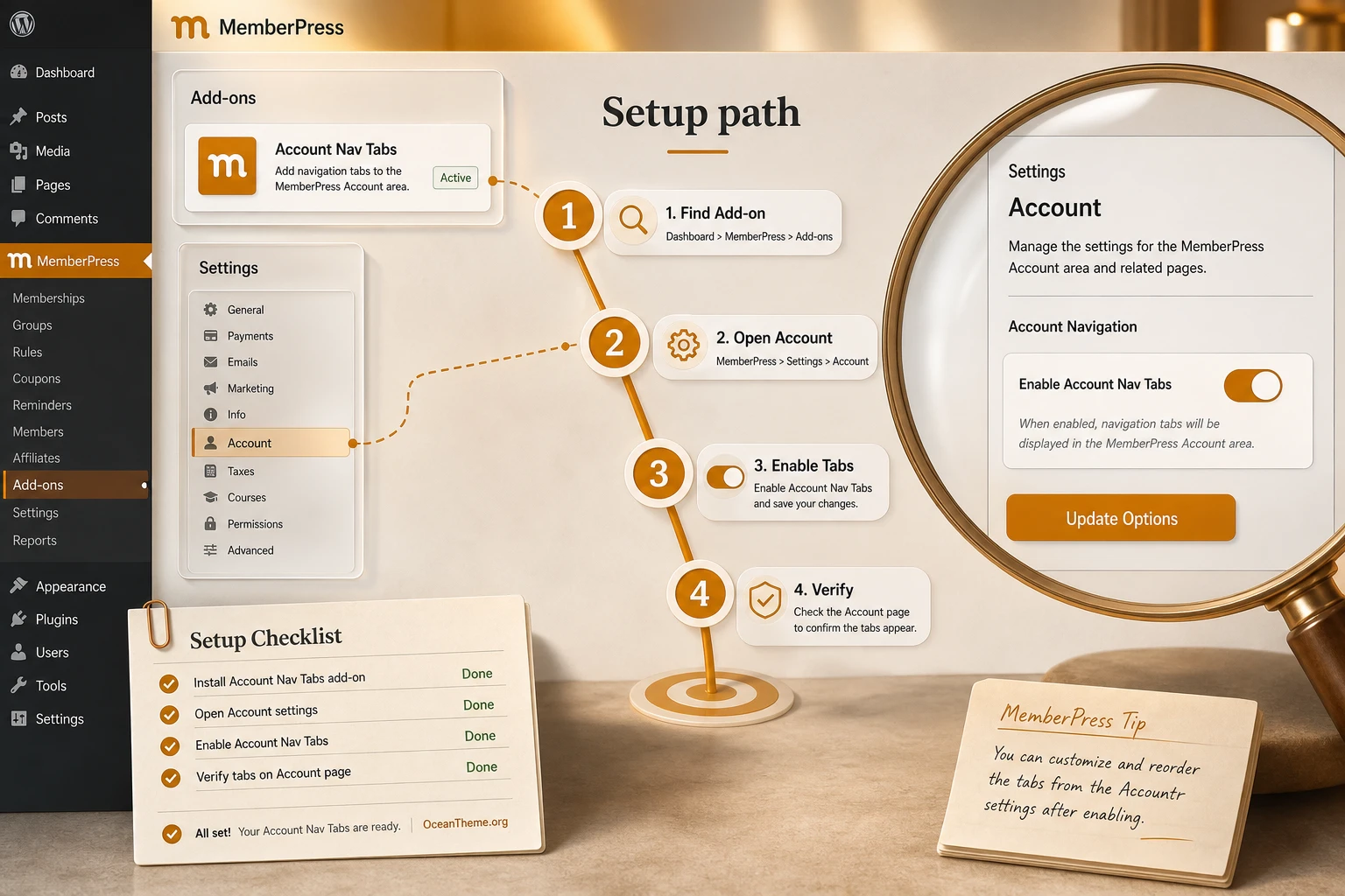 Installation path for MemberPress Account Nav Tabs through the WordPress Dashboard and the Add-ons section