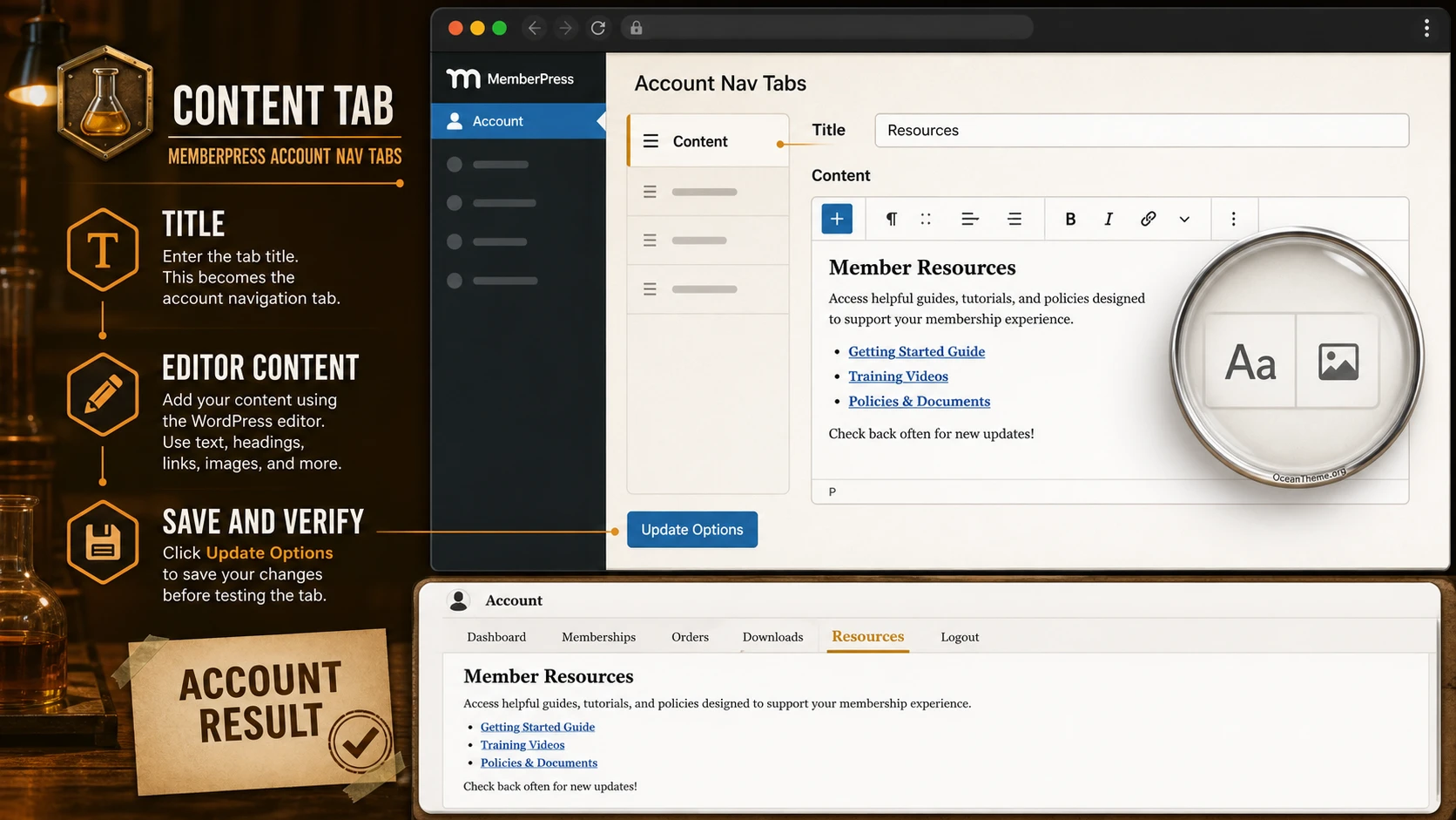 Configuring a Content tab in MemberPress Account Nav Tabs with the WordPress editor and result verification
