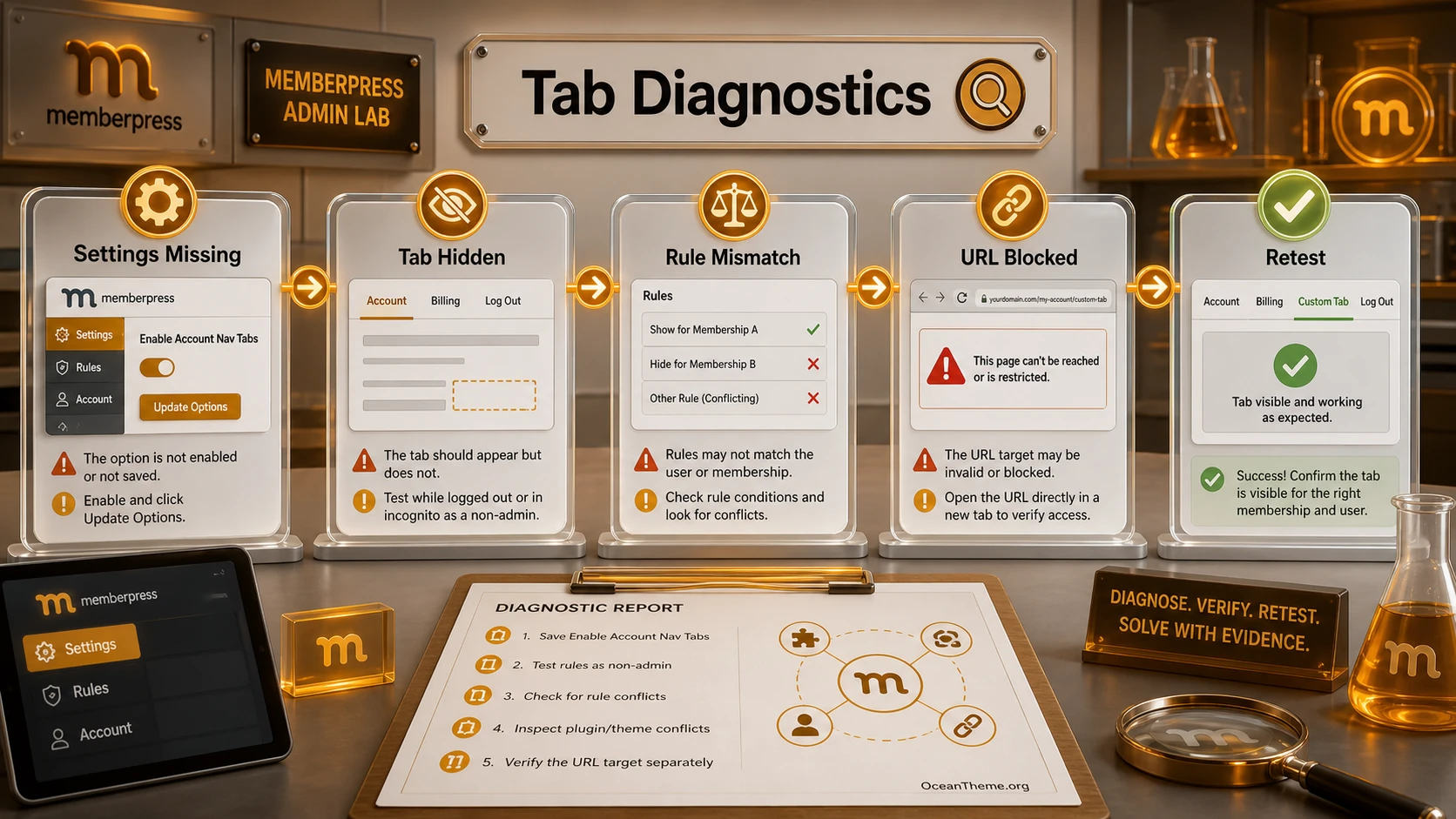 MemberPress Account Nav Tabs error diagnostics by symptoms, causes, checks, and fixes