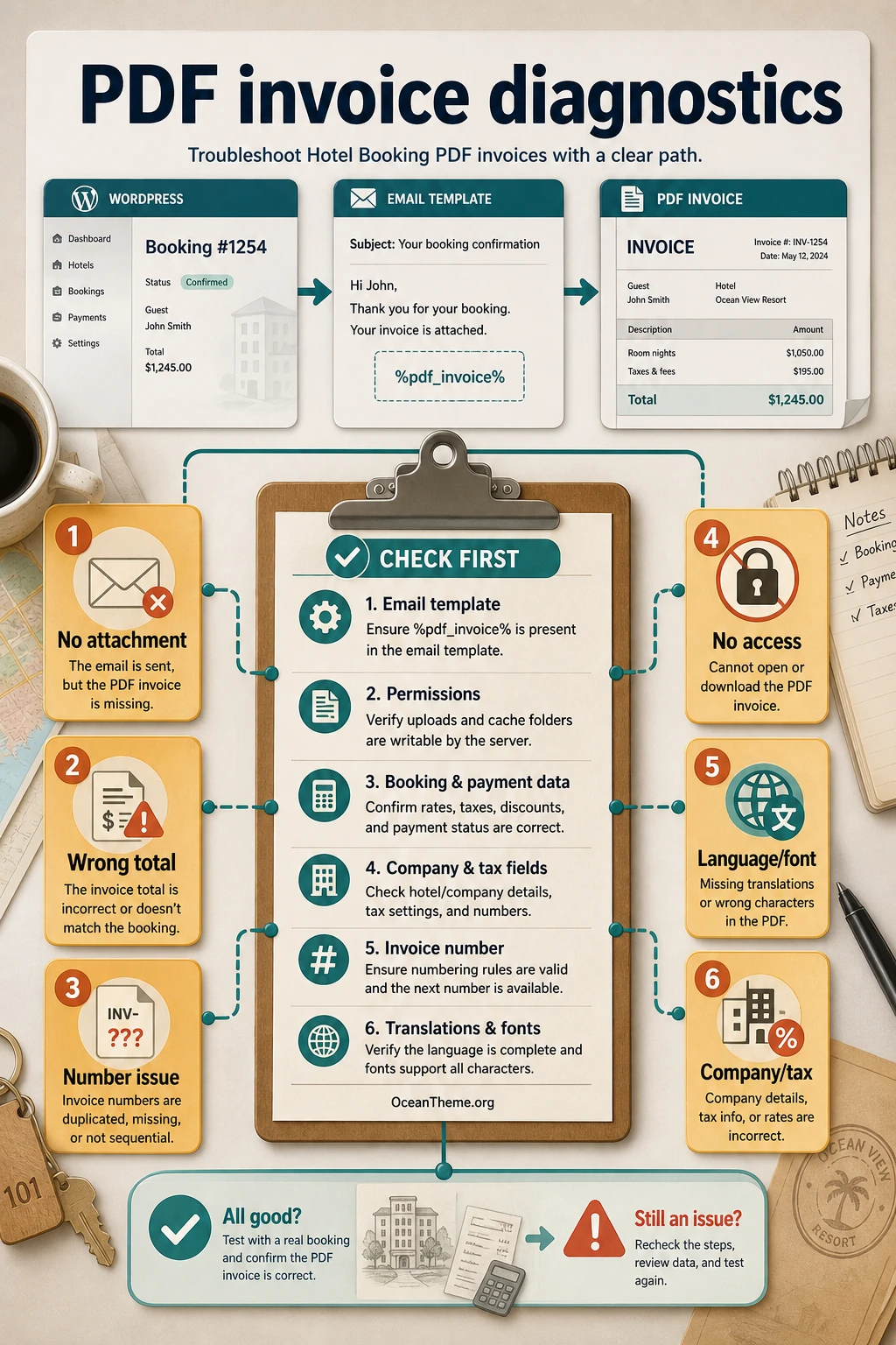 Hotel Booking PDF Invoices troubleshooting map by symptom and validation point