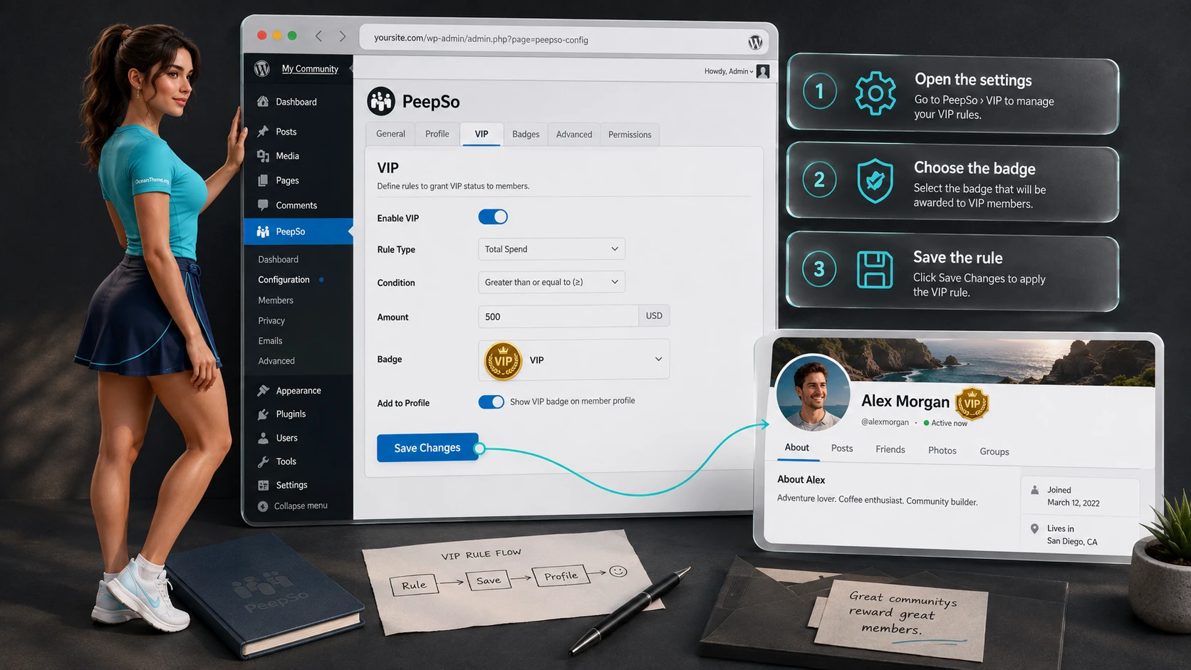 Map of PeepSo VIP badge settings in the WordPress dashboard and display verification