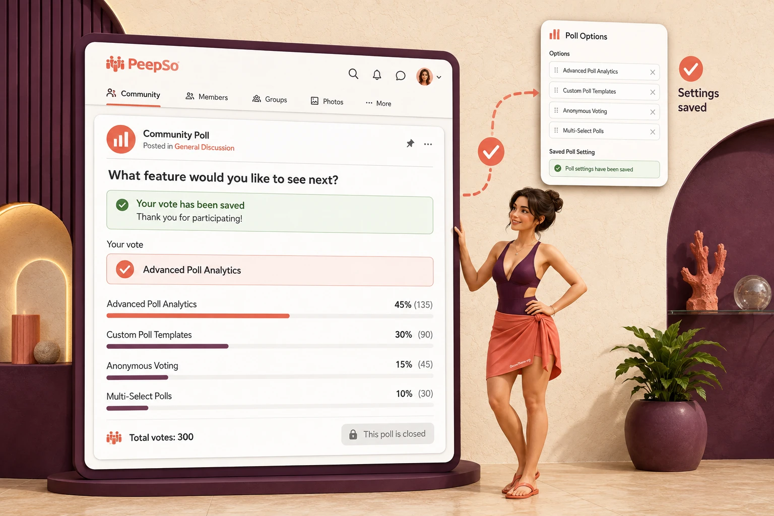 PeepSo Polls outcome verification between feed configuration and a regular member's vote
