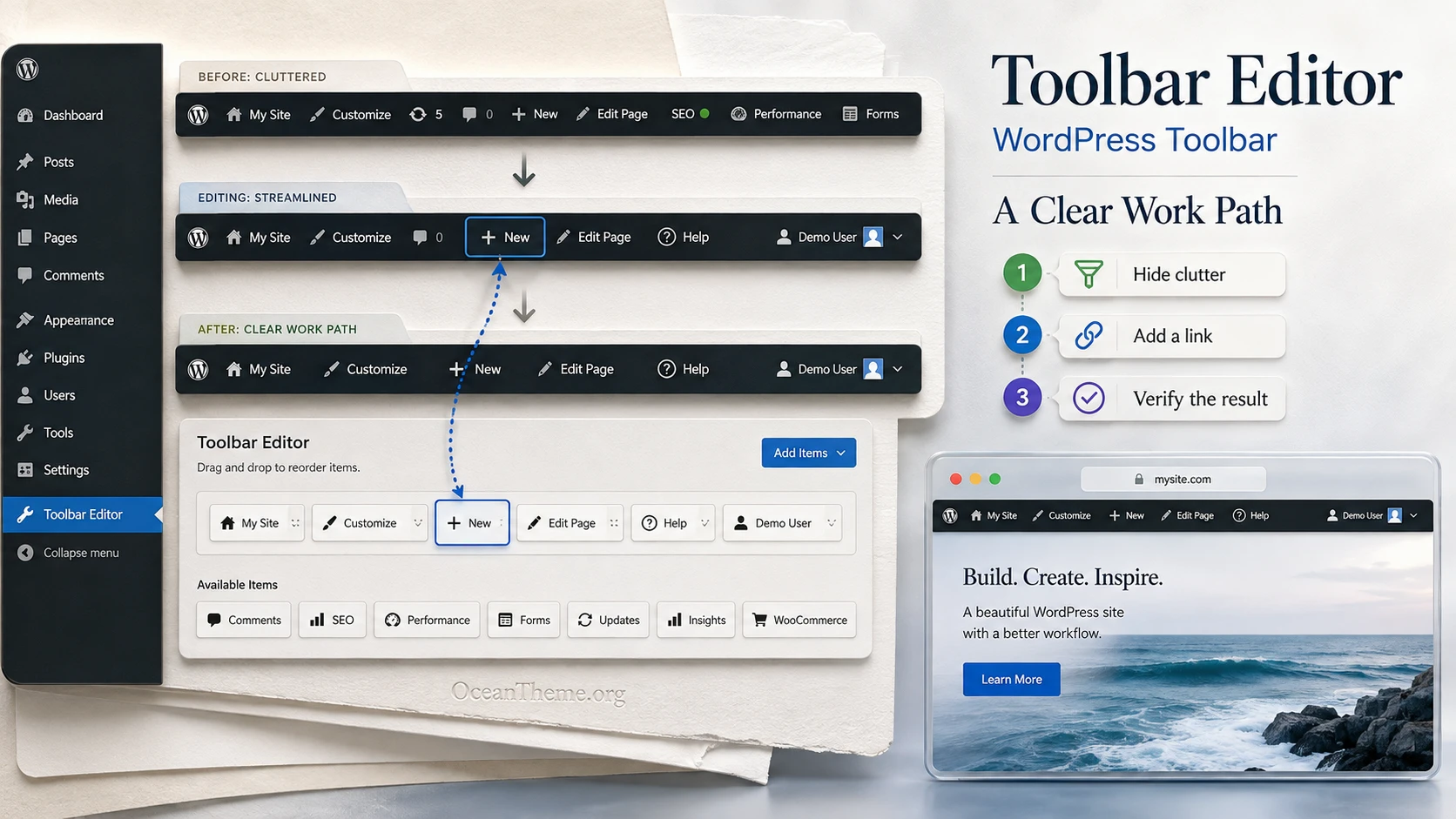 Toolbar Editor turns the WordPress top bar into a clear path for editors