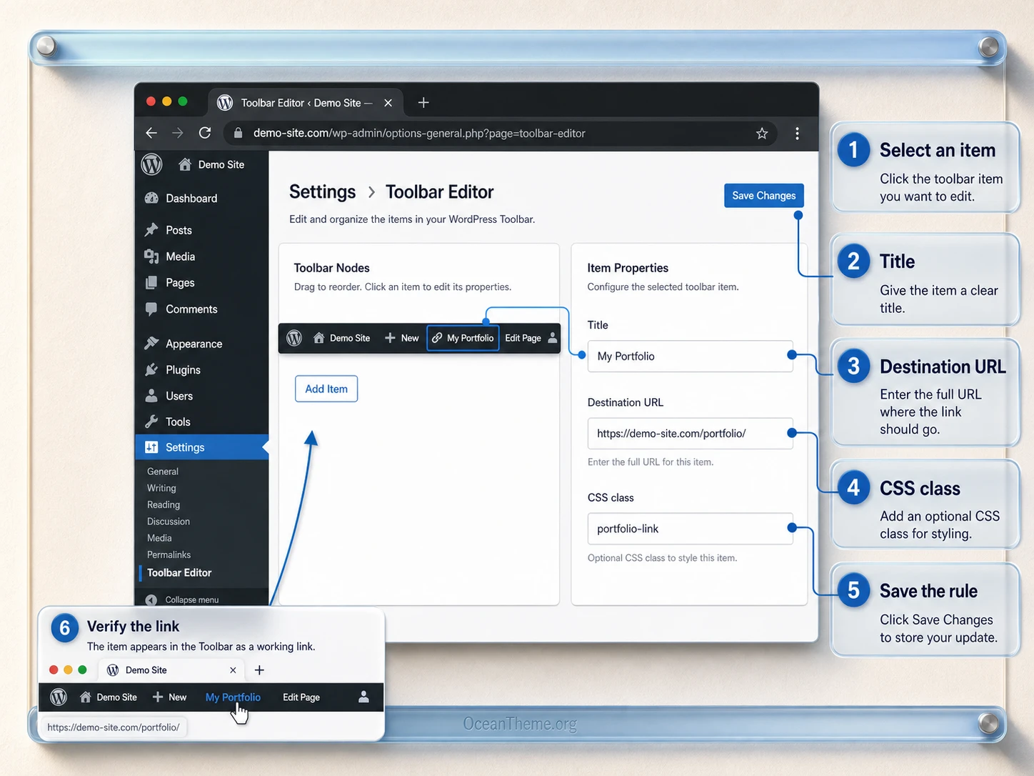 Toolbar Editor configuration with item selection and settings connected to the WordPress top bar