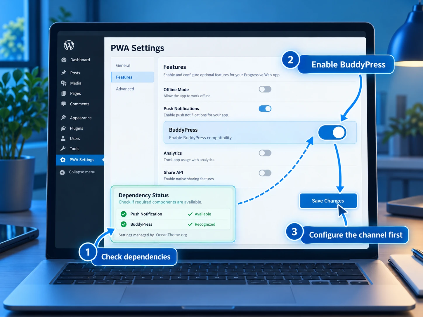 Diagram showing how to enable the BuddyPress feature in PWA for WP settings