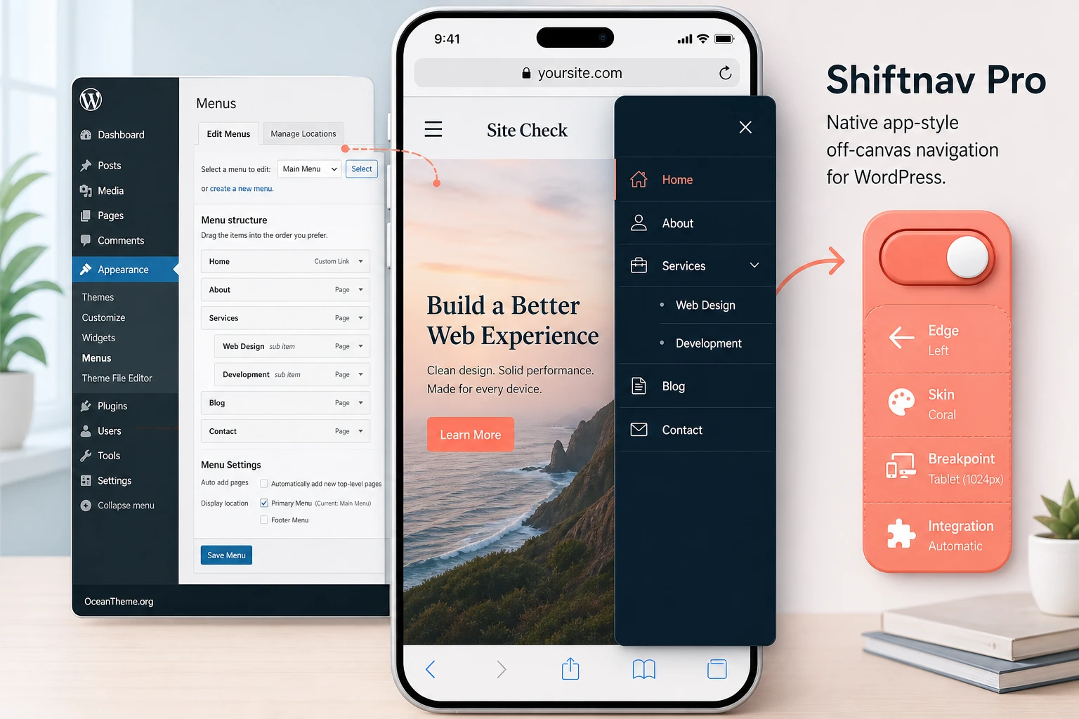 ShiftNav Pro as a slide-out WordPress mobile menu with result validation