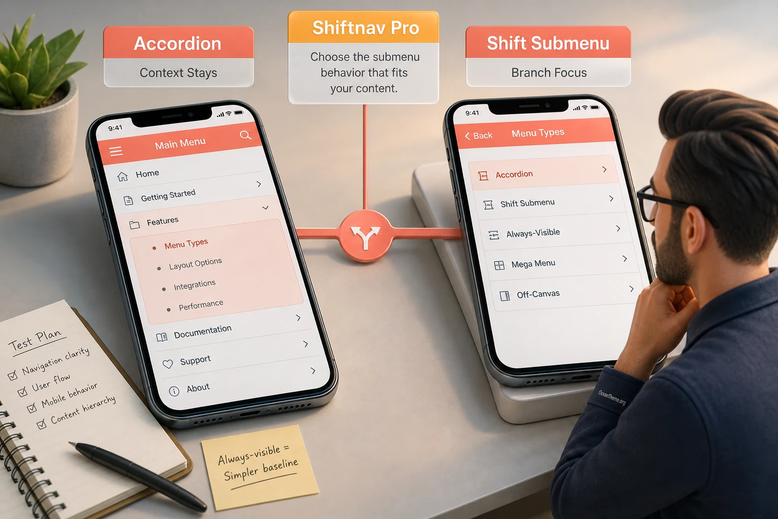 Comparison of accordion and shift submenus in ShiftNav Pro