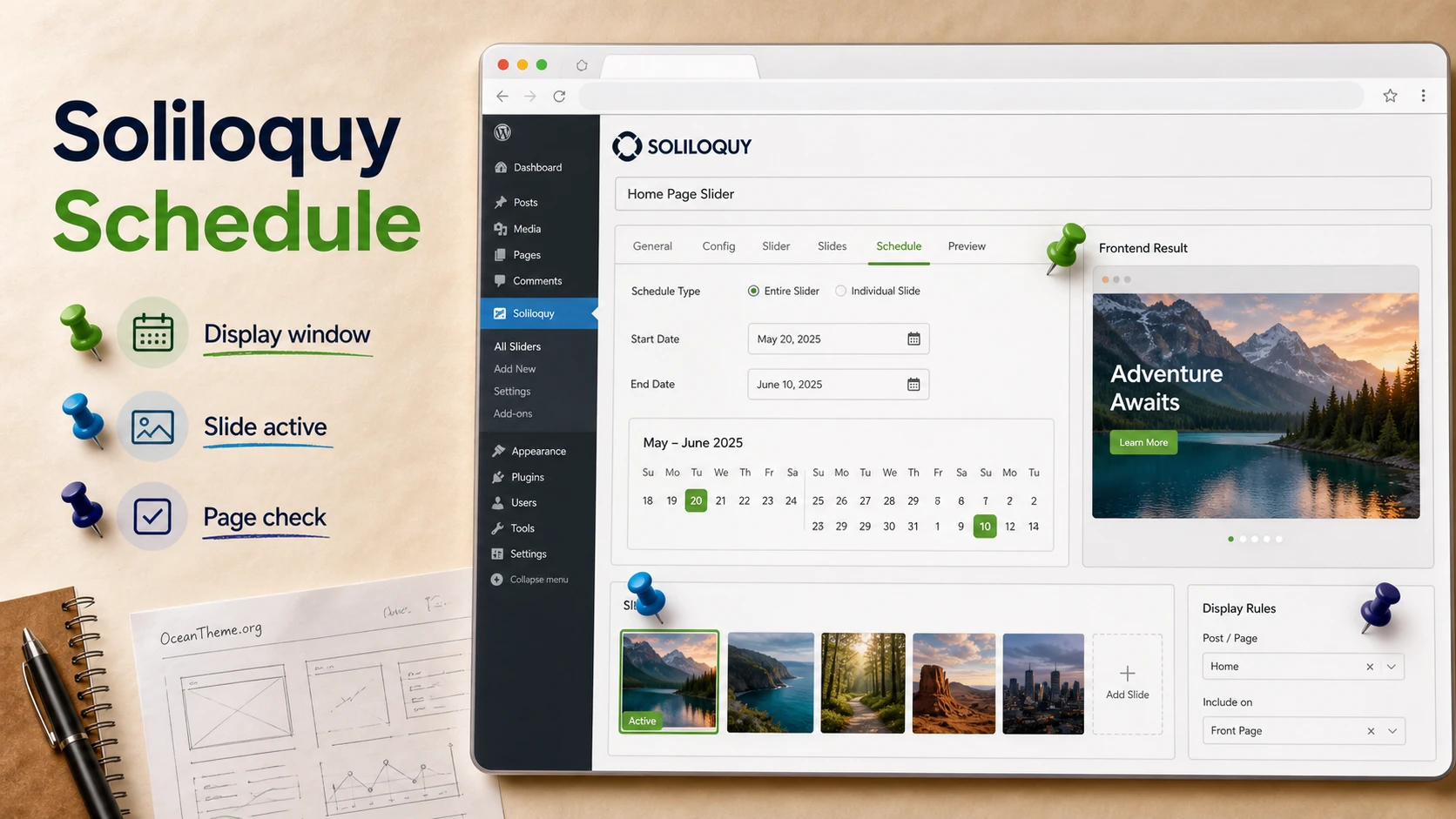 Cover image for the Soliloquy Schedule guide with a timed slide map and WordPress interface