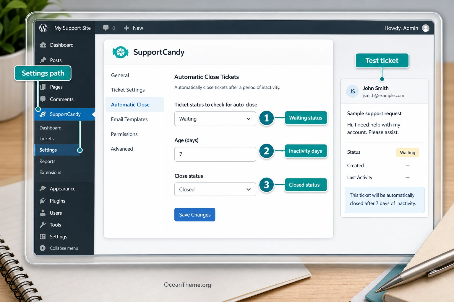 Map of the initial Automatic Close Tickets setup in the WordPress admin panel