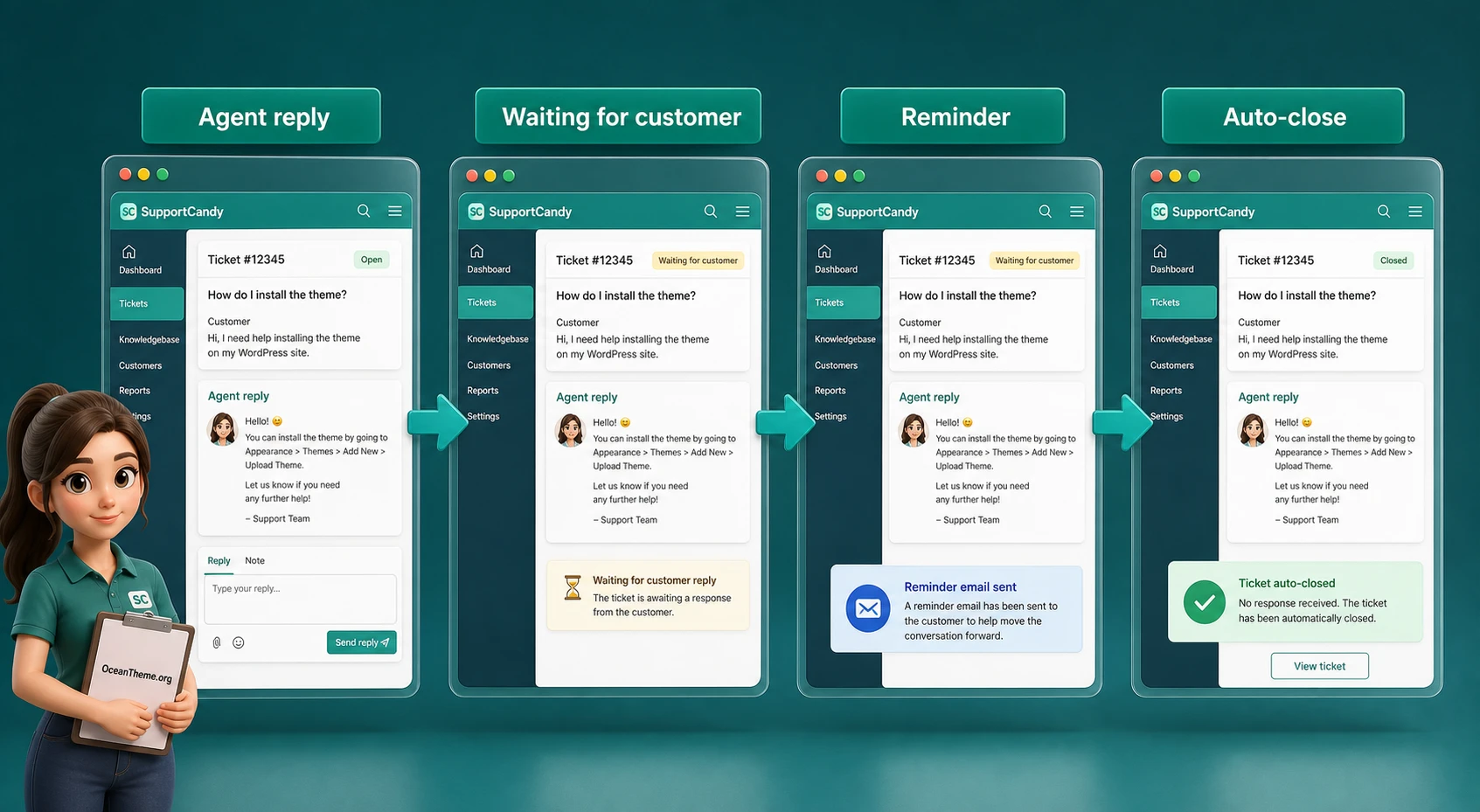 Practical example of configuring automatic ticket closure after waiting for a customer reply