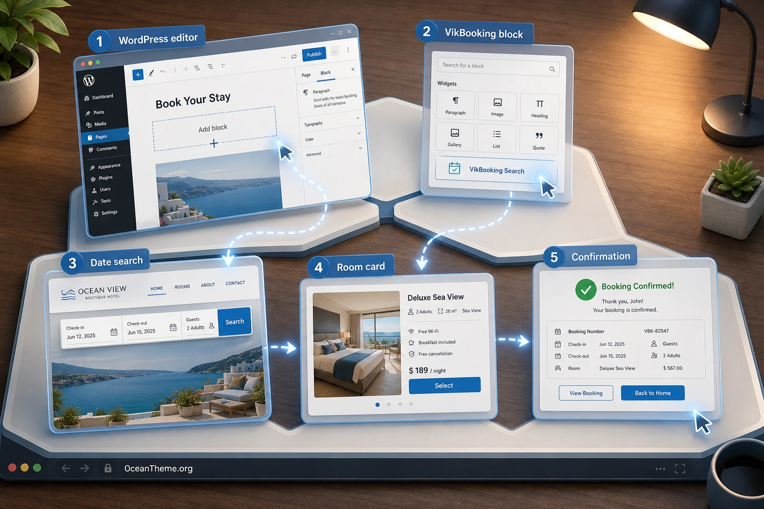 VikBooking Pro display flow from the WordPress block to the booking page