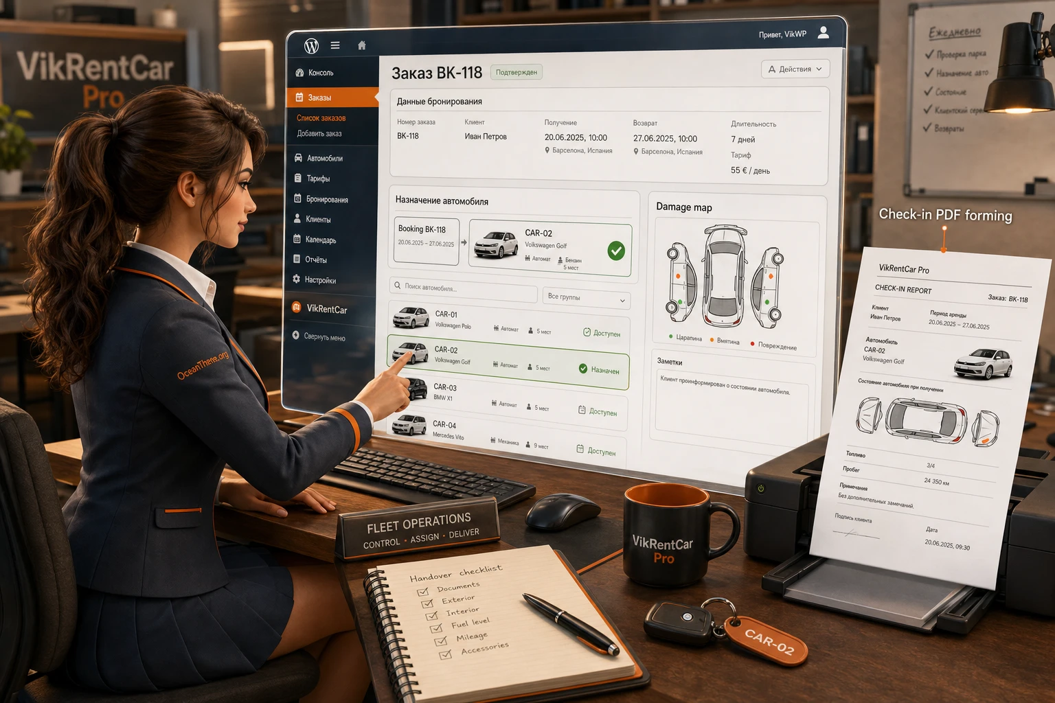 Assigning a specific vehicle and checking its condition in VikRentCar Pro