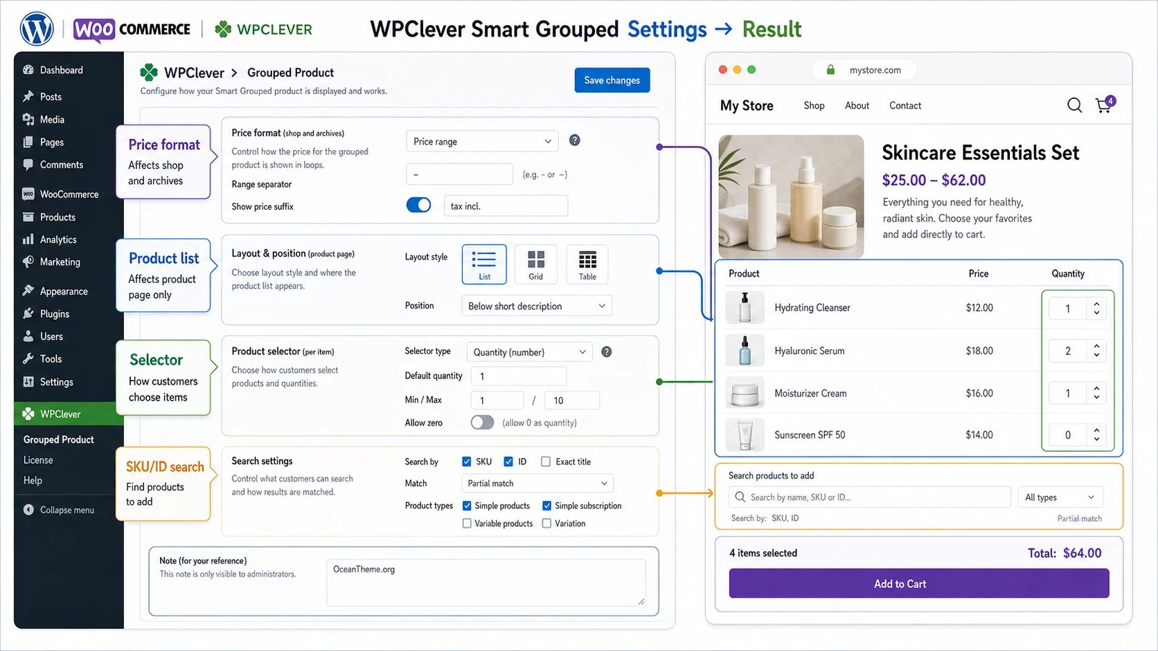 WPC Grouped Product for WooCommerce settings and how the options affect the result