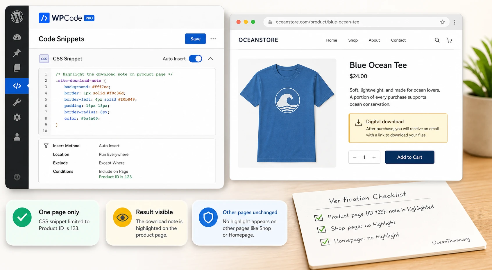 Practical WPCode Pro workflow from a CSS snippet to checking the block on the page