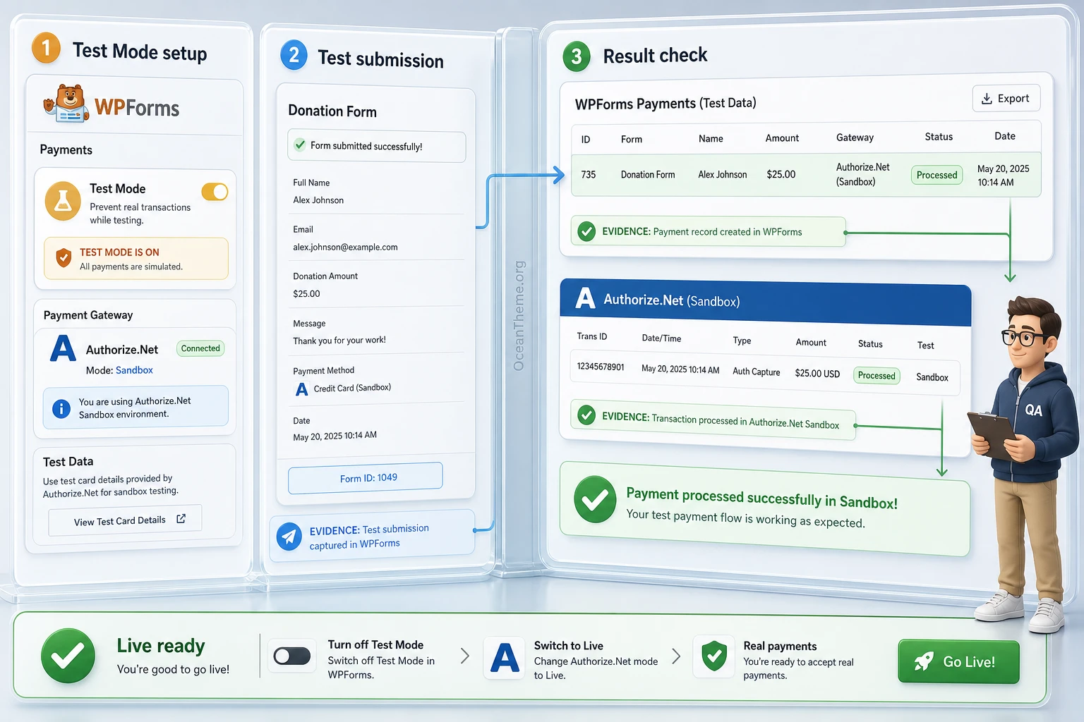 Verifying a WPForms Authorize.Net test transaction before launching the form