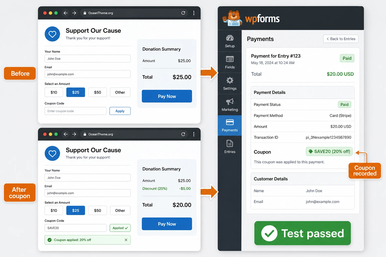 WPForms Coupons outcome check after applying a promo code on a payment form