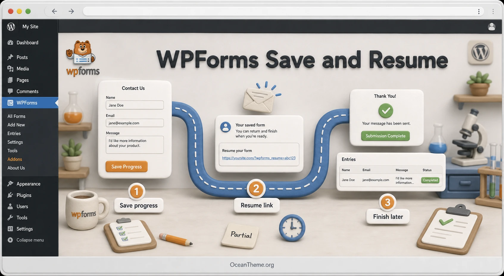 WPForms Save and Resume shows how a saved form connects to the resumed submission