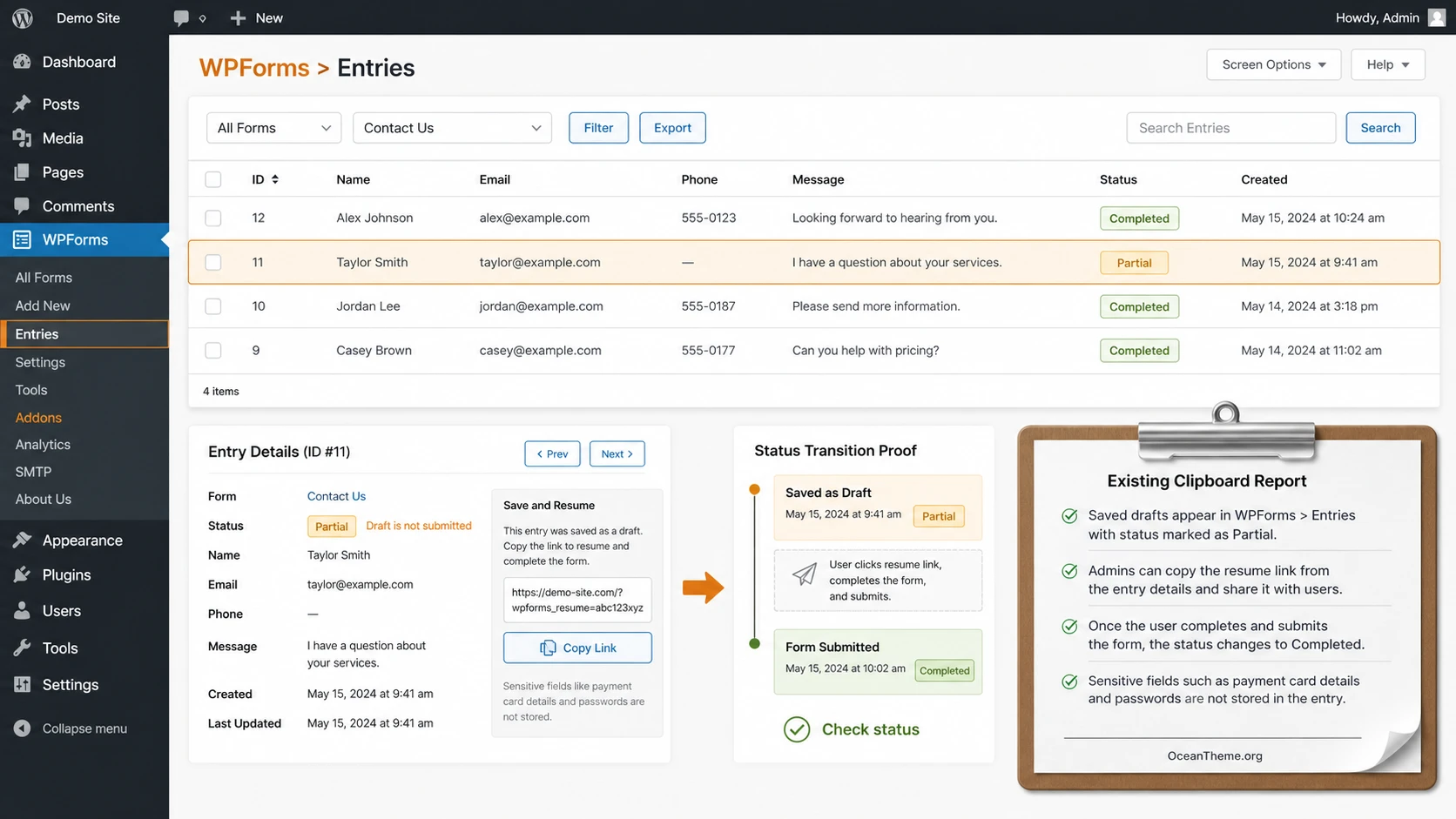 WPForms Save and Resume partial entries with Partial status in the WordPress admin area