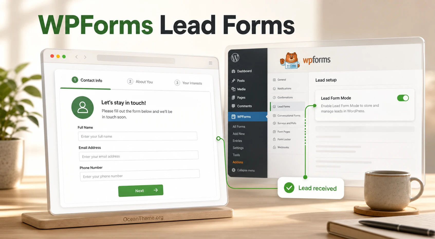 Cover image for the WPForms Lead Forms guide with an inquiry form and WordPress settings panel