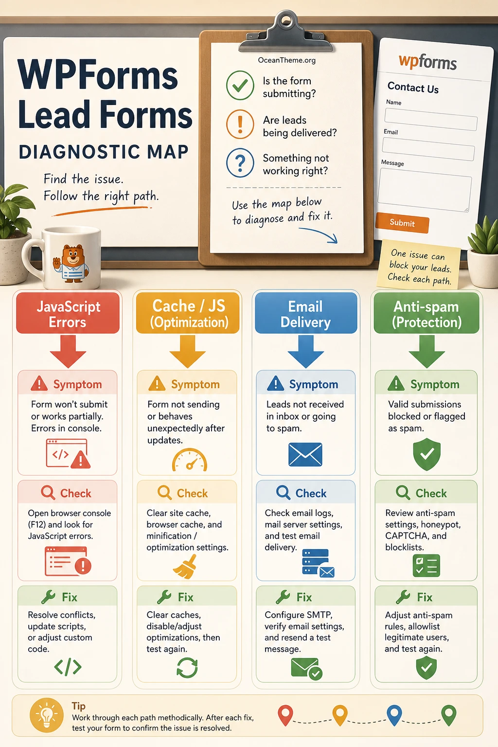 WPForms Lead Forms troubleshooting map with symptoms, checks, and fixes
