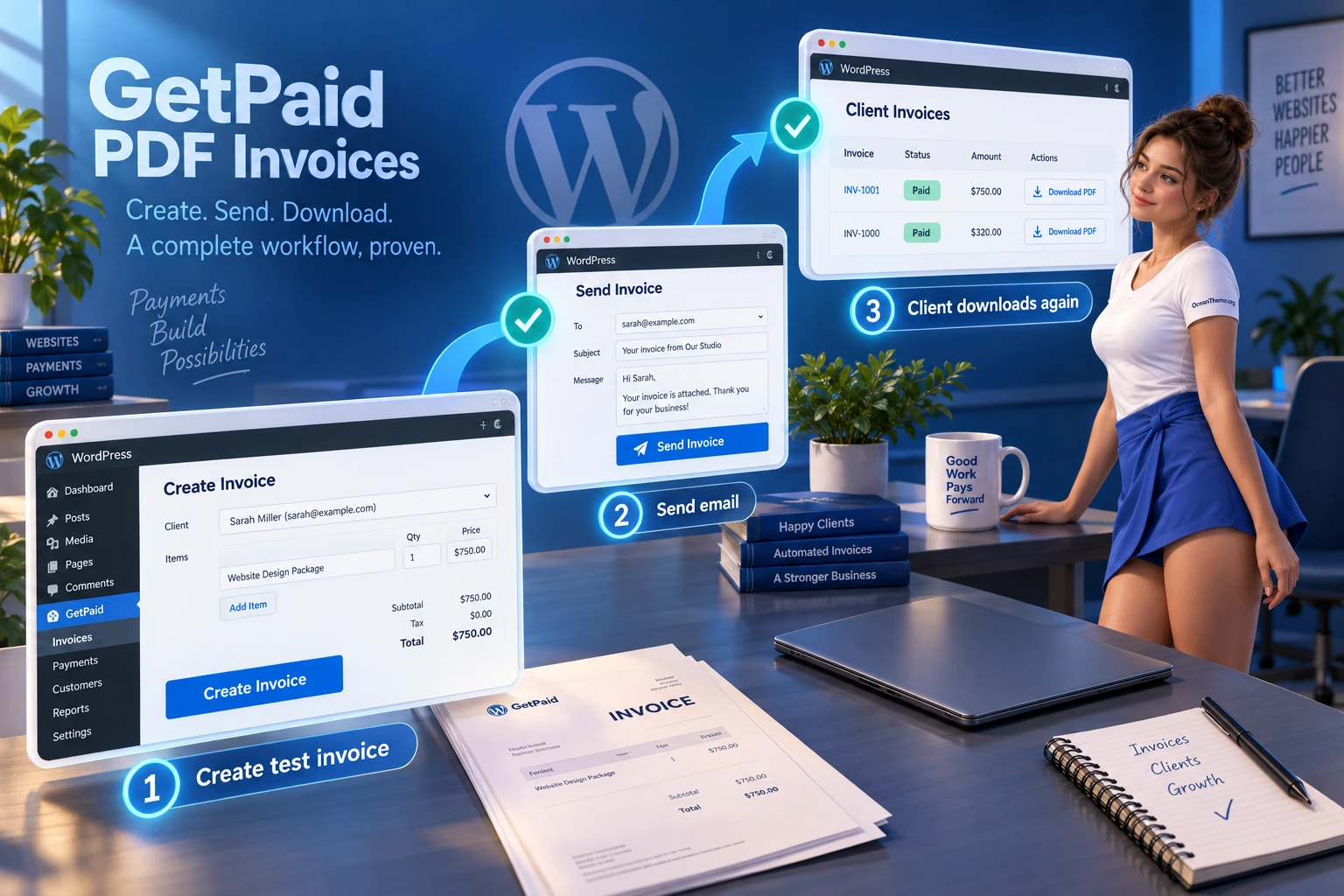 GetPaid PDF Invoices workflow: create an invoice, send an email with a PDF, and let the customer download it again