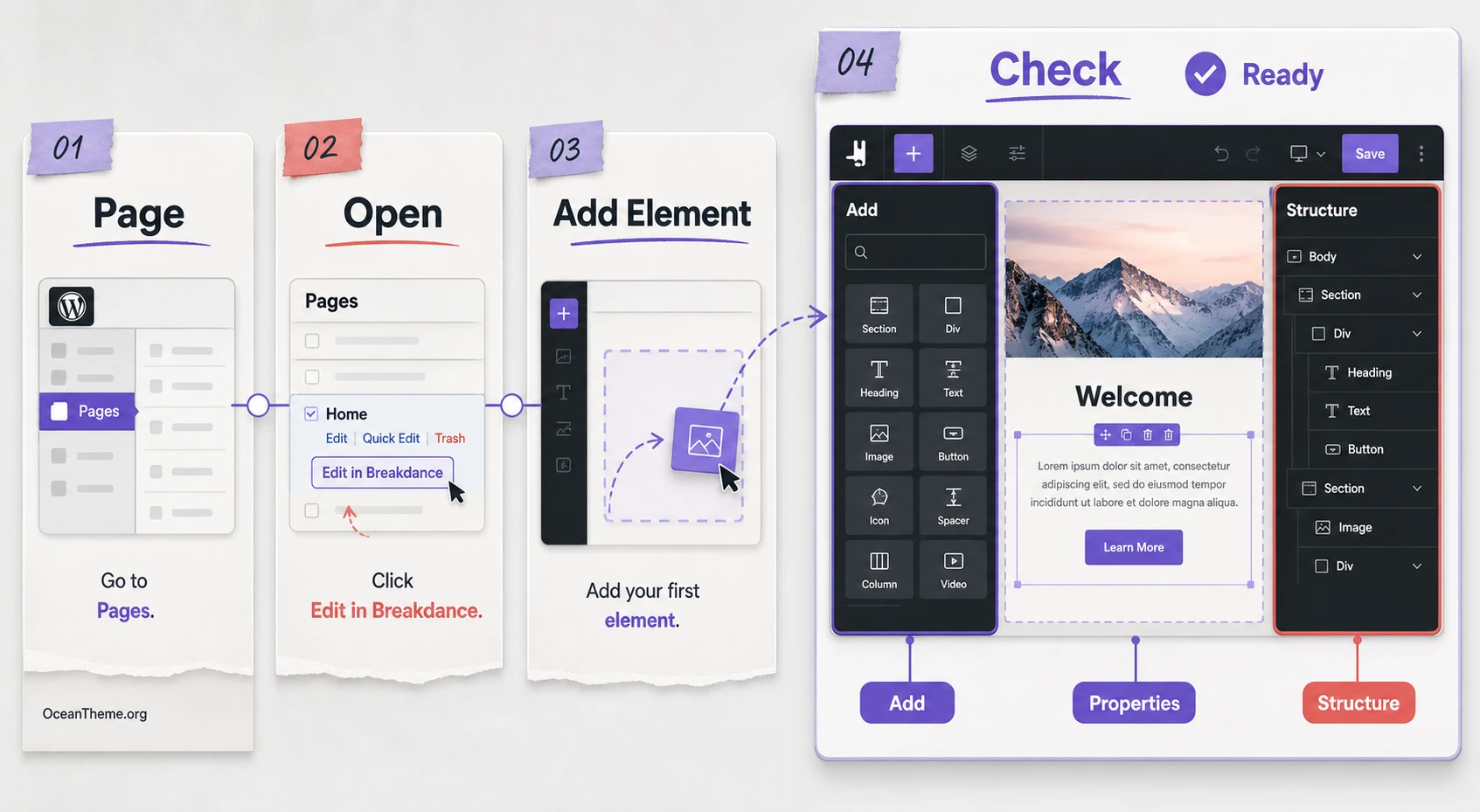 The first Breakdance launch path from WordPress and the main editor areas