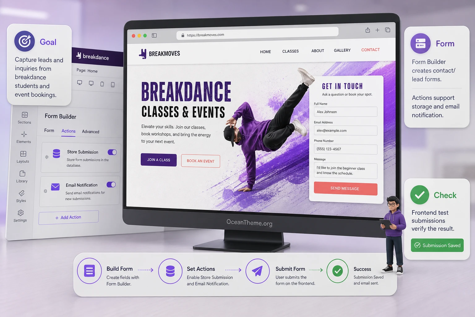 Example page in Breakdance: section setup, form, and result verification