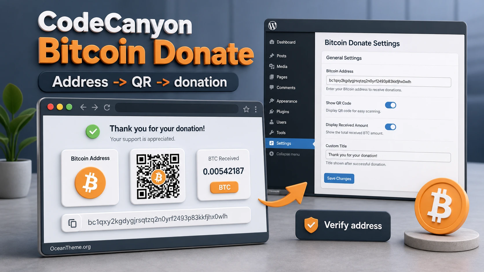Cover image for the CodeCanyon Bitcoin Donate guide showing donation setup and the on-site result