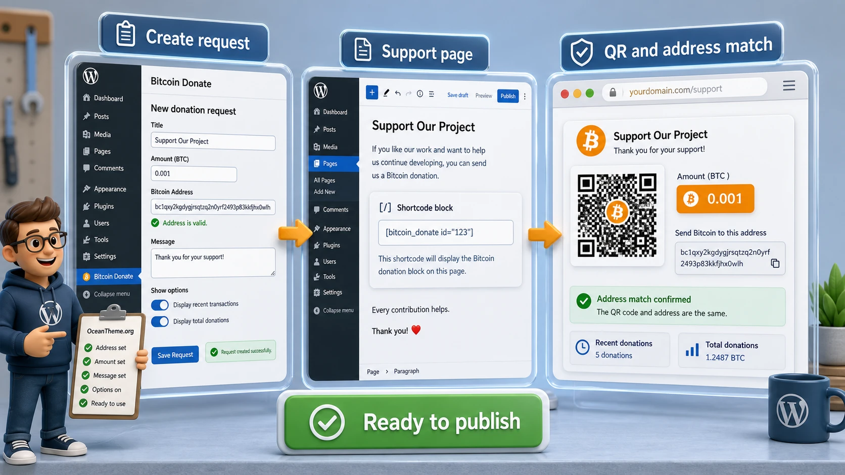 Example of a WordPress support page using Bitcoin Donate