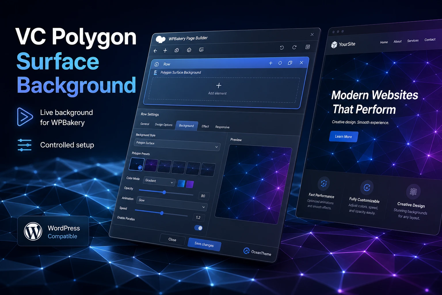 Cover image for the VC Polygon Surface Background guide with a polygon background in WordPress