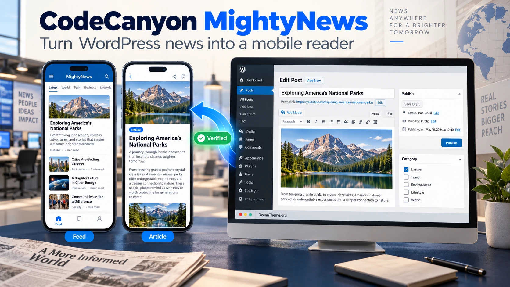 CodeCanyon MightyNews: a WordPress newsroom sends news to a Flutter app