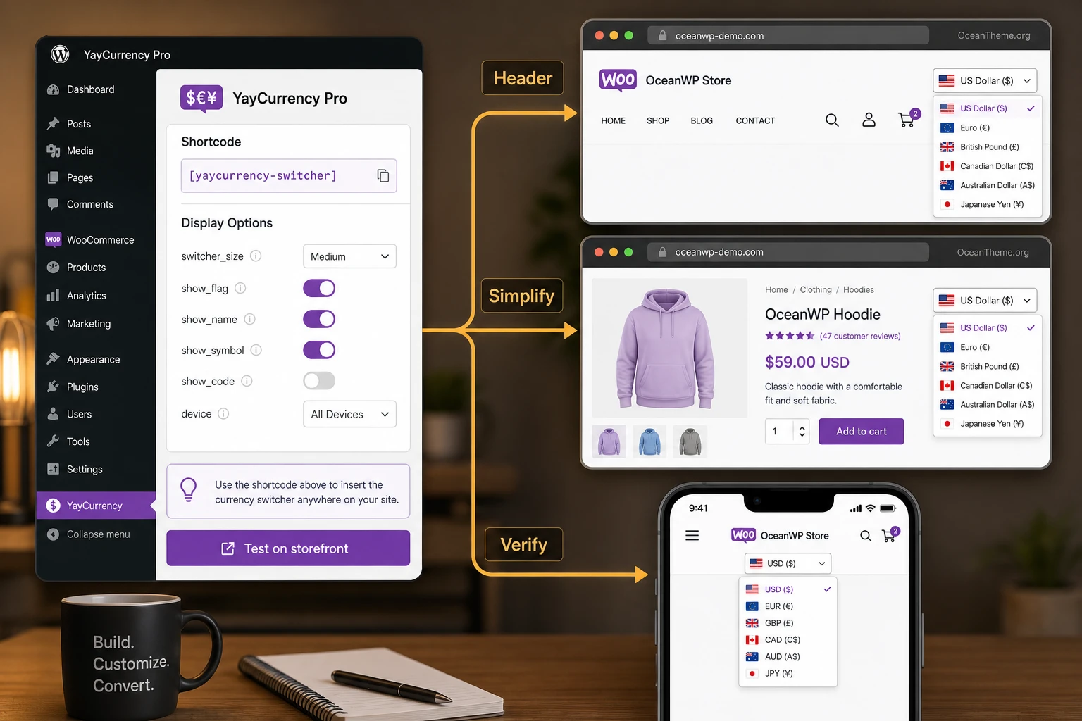 YayCurrency Pro shortcode parameters and the resulting switcher on the product page