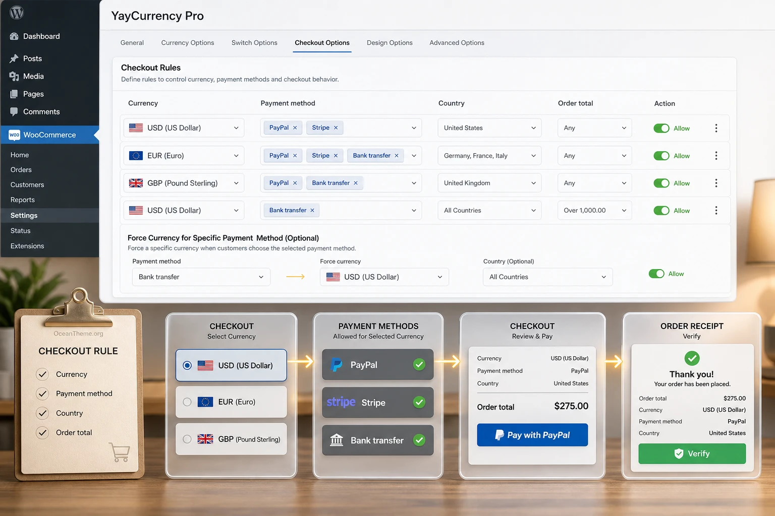 Checkout Options in YayCurrency Pro link currencies to WooCommerce payment methods