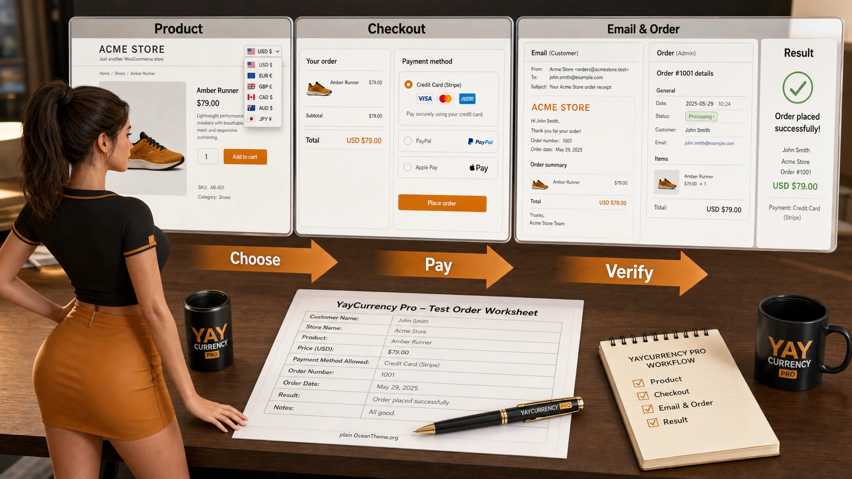 Example YayCurrency Pro workflow from the product page to the WooCommerce order