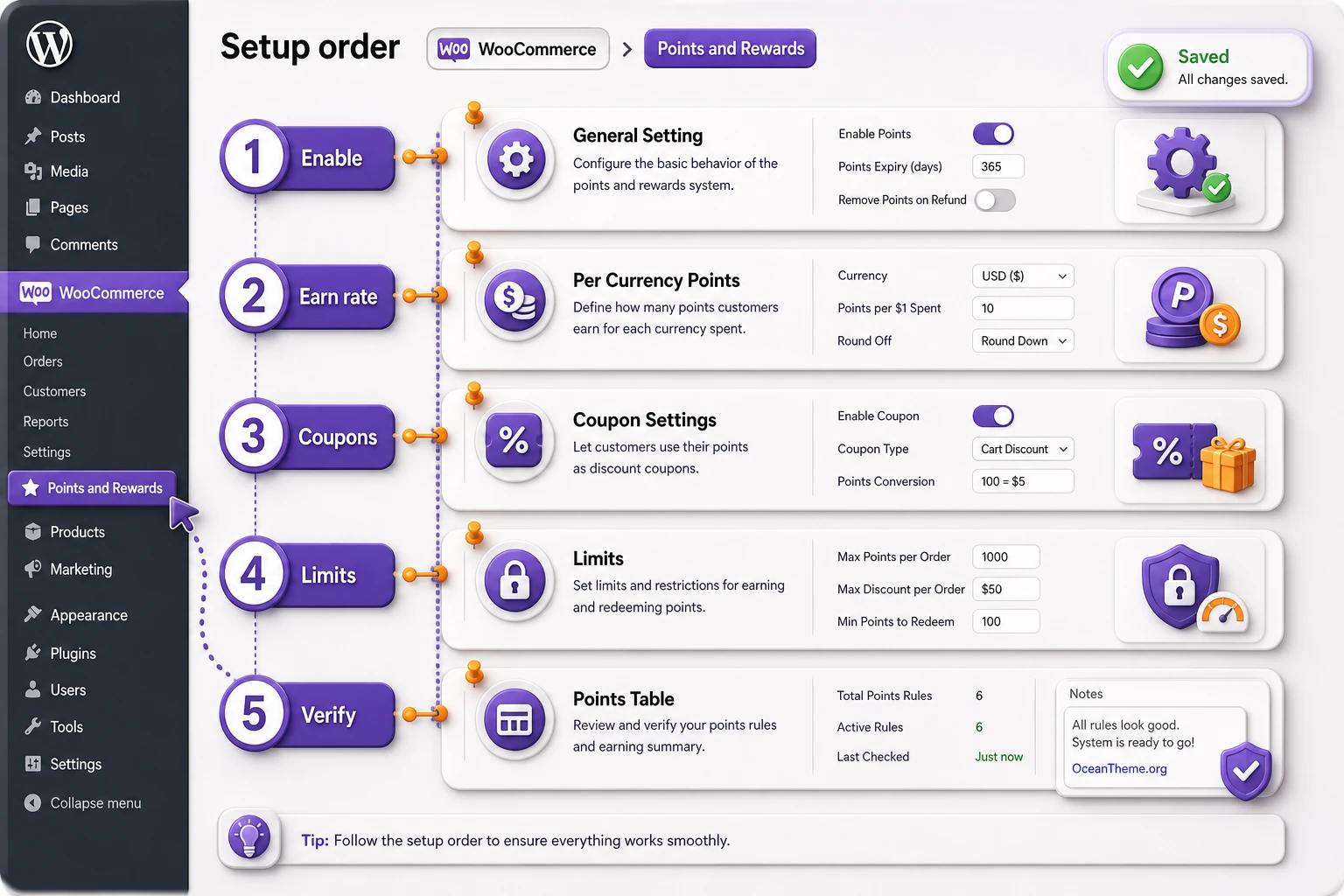 Points and Rewards For WooCommerce Pro settings map in the WooCommerce admin panel
